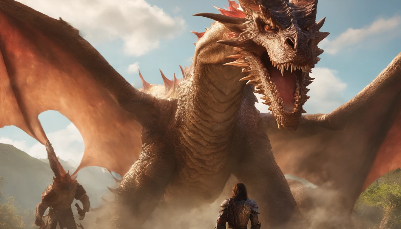 There's a woman dressed in revealing armor standing with a giant dragon behind her, dragon in the background, ultra detailed, photorealistic, masterpiece.