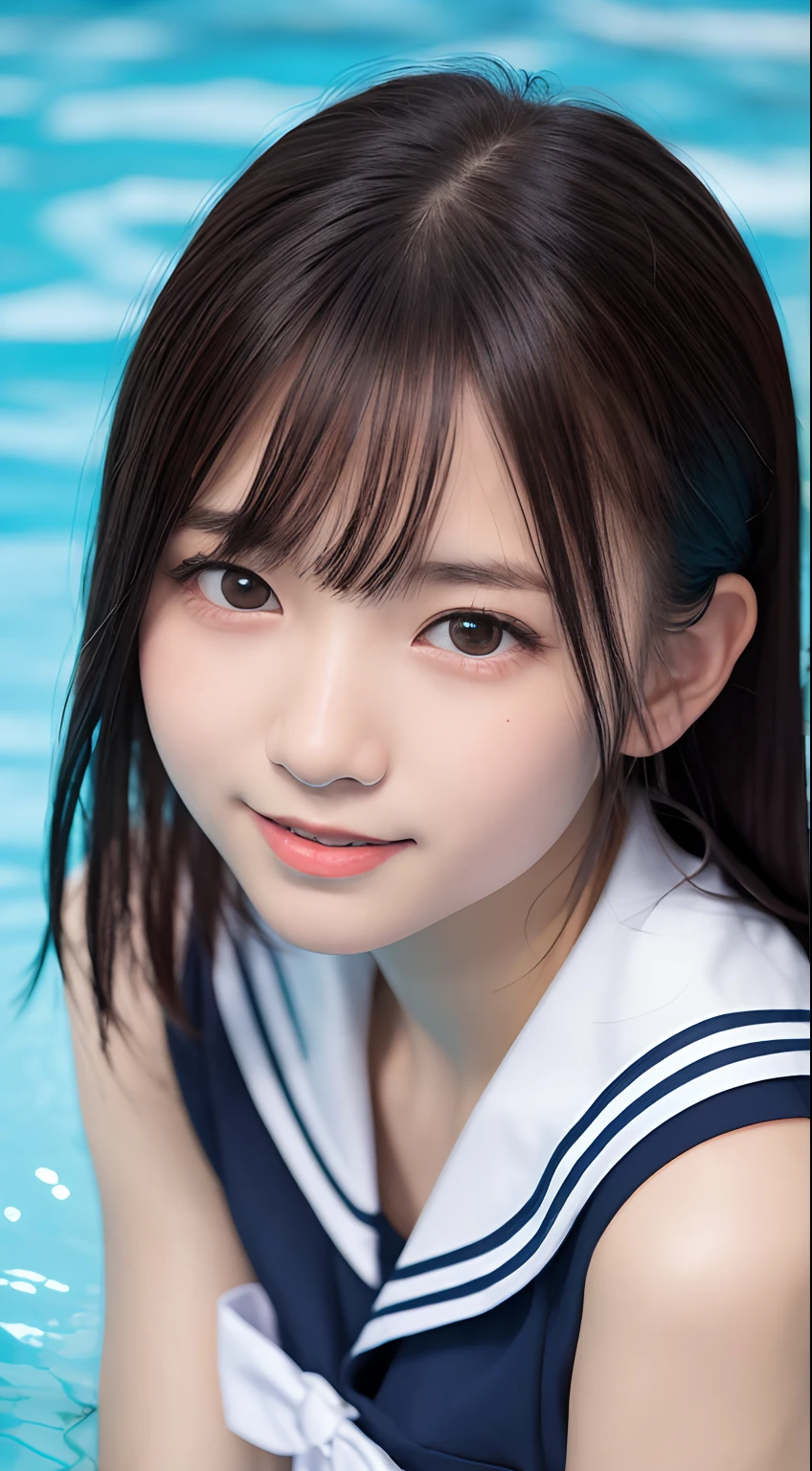 masutepiece, Best Quality, 8K, 10yaers old, Teen, Raw photo, absurderes, award winning portrait, Smile, Solo, Idol face, violaceaess, Delicate girl, Upper body, Digital SLR, Looking at Viewer, Candid, Sophisticated,Thin arms, Professional Lighting, Film grain, chromatic abberation, (Eyes and faces with detailed:1.0), (Bokeh:1.1) , (Sailor Uniform:1.1) , closes mouth , (In the pool:1.1)