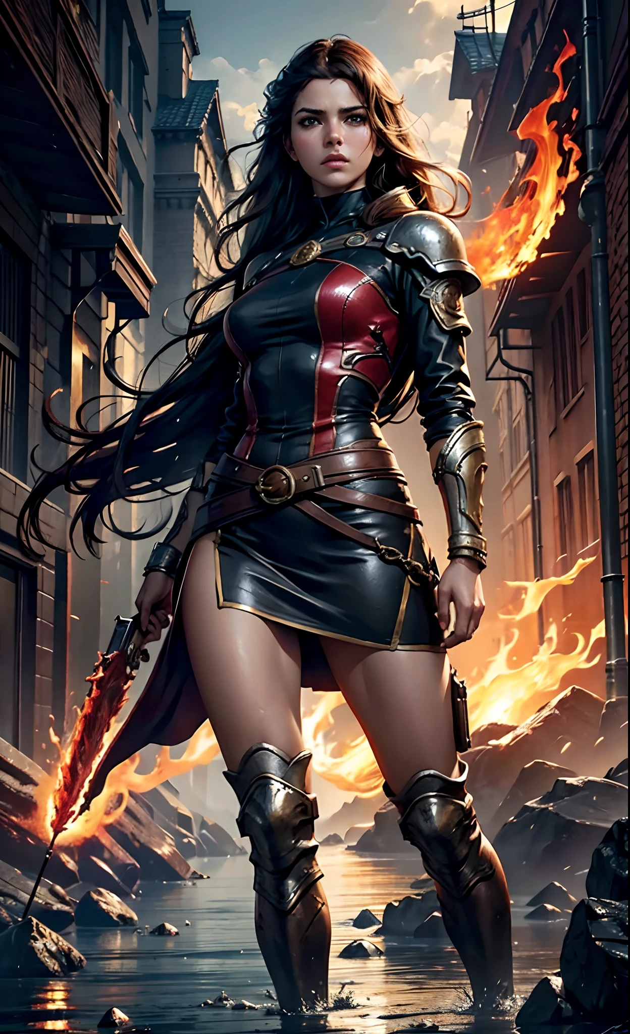 Close-up of a woman holding a sword in the city, the magician casting a fireball, supervillain magician witch, epic full color illustration, Ivan Talavera and Art Germ's style, Written by Eddie Mendoza, evil goddess, Stylized urban fantasy artwork, magician, zenescope, Art Germ and Lois van Baarle