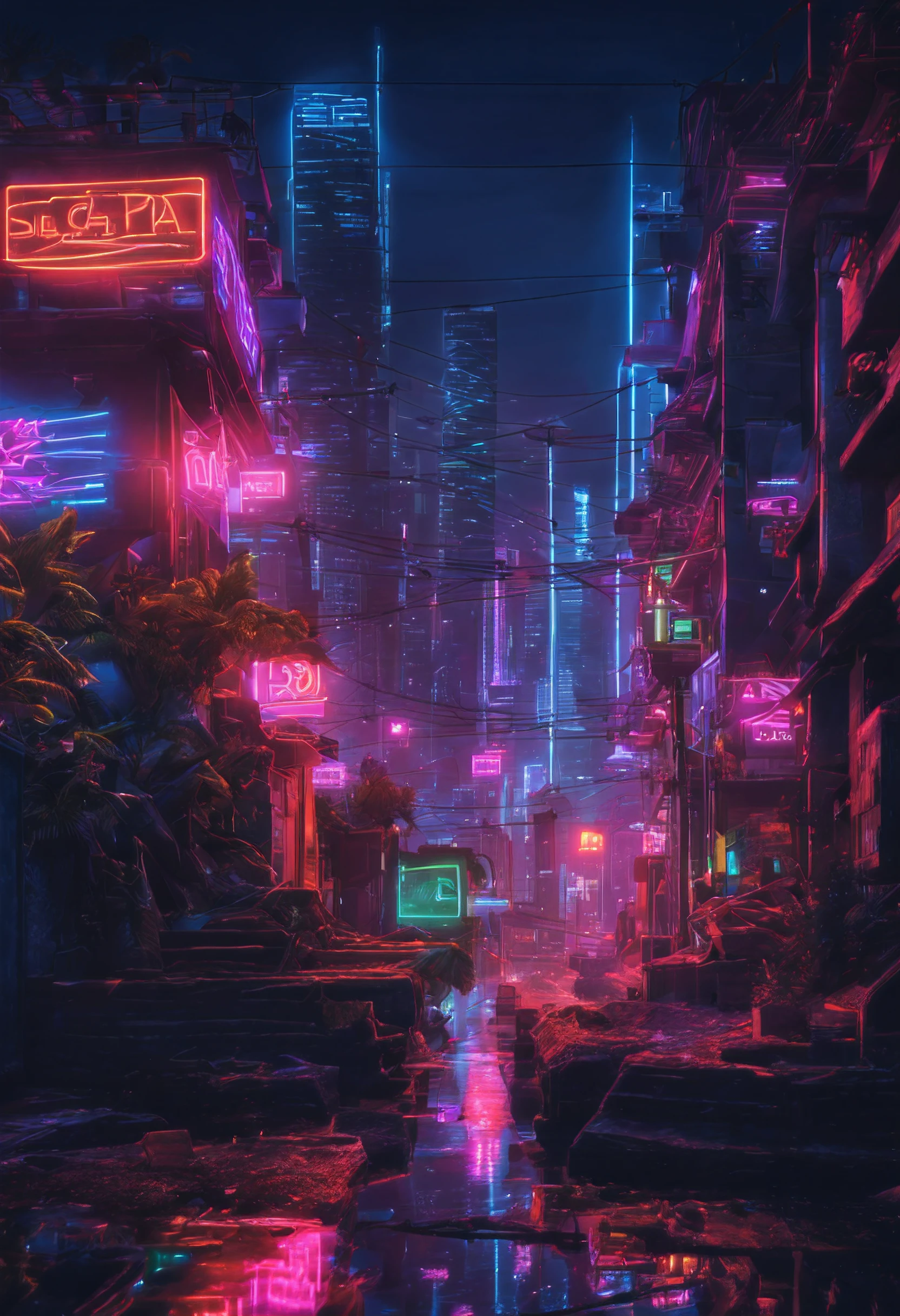 Uma bela foto de uma paisagem de uma cidade estilo cyberpunk de noite com neons e leds realista, 8k, vetorizado, High Definition, hdr