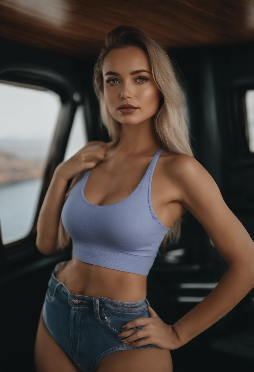woman with matching tank top and panties, fille sexy aux yeux bleus, Portrait Sophie Mudd, Portrait de Corinna Kopf, cheveux blonds et grands yeux, selfie of a young woman, Les yeux dans le club Violet Myers, ohne Maquillage, maquillage naturel, Look directly into the camera, Visage avec Artgram, dezentes Maquillage, Superbe photo du corps entier, sur un bateau, Fission