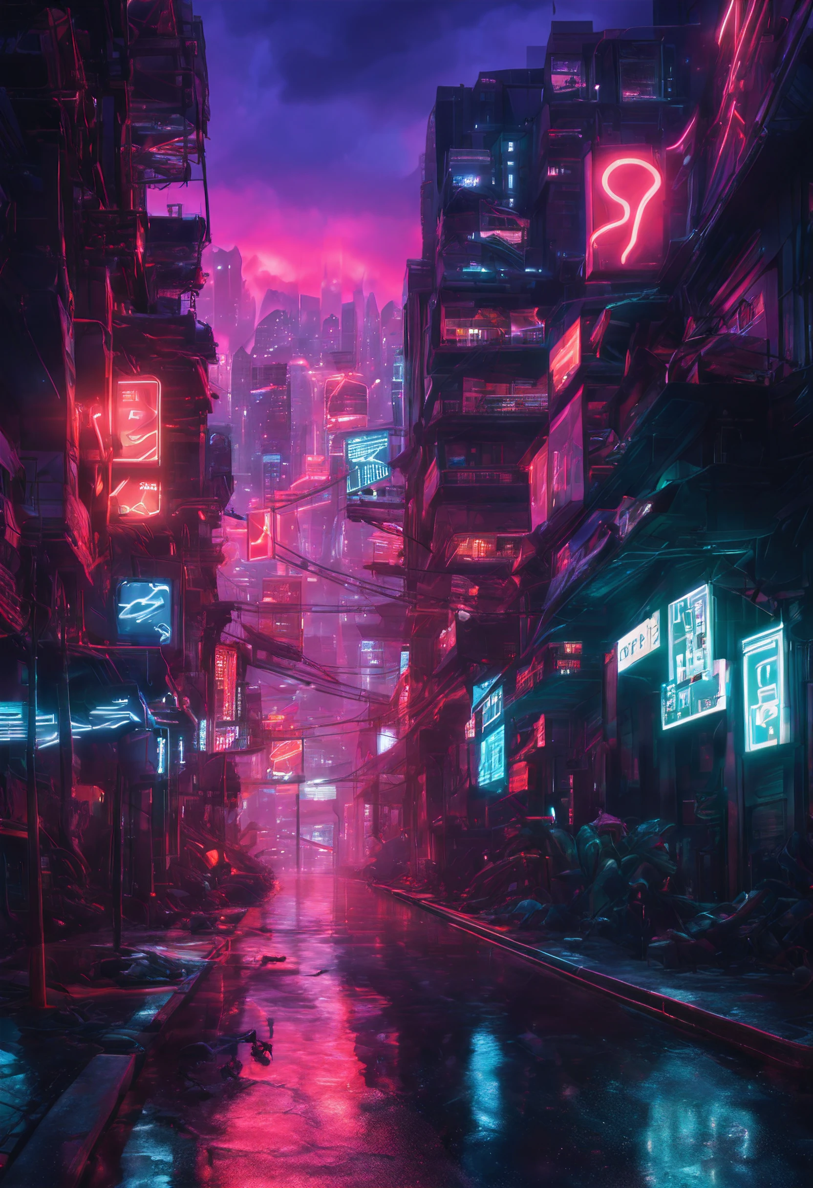 Uma bela foto de uma paisagem de uma cidade estilo cyberpunk de noite com neons e leds realista, 8k, vetorizado, High Definition, hdr