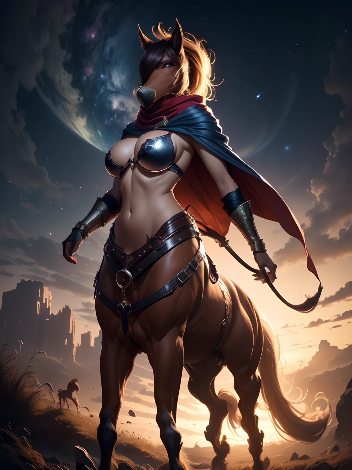 A majestic traveler with a vibrant cloak, wearing a nebula cloak that is filled with stars. The cloak has a galactic silhouette that envelops the figure, creating a sense of mystery and awe. The traveler's cloak is intricately detailed, showcasing the beauty of the universe. The figure is a centaur, combining the grace and power of a horse with the wisdom and strength of a human. The image is of the highest quality, with ultra-detailed and realistic rendering. The colors are vibrant and vivid, with a wide range of hues inspired by the cosmic palette. The lighting is atmospheric, with soft shadows and highlights that accentuate the figure and the cloak. This artwork captures the essence of the cosmic journey, inviting the viewer to explore the wonders of the universe, View from above