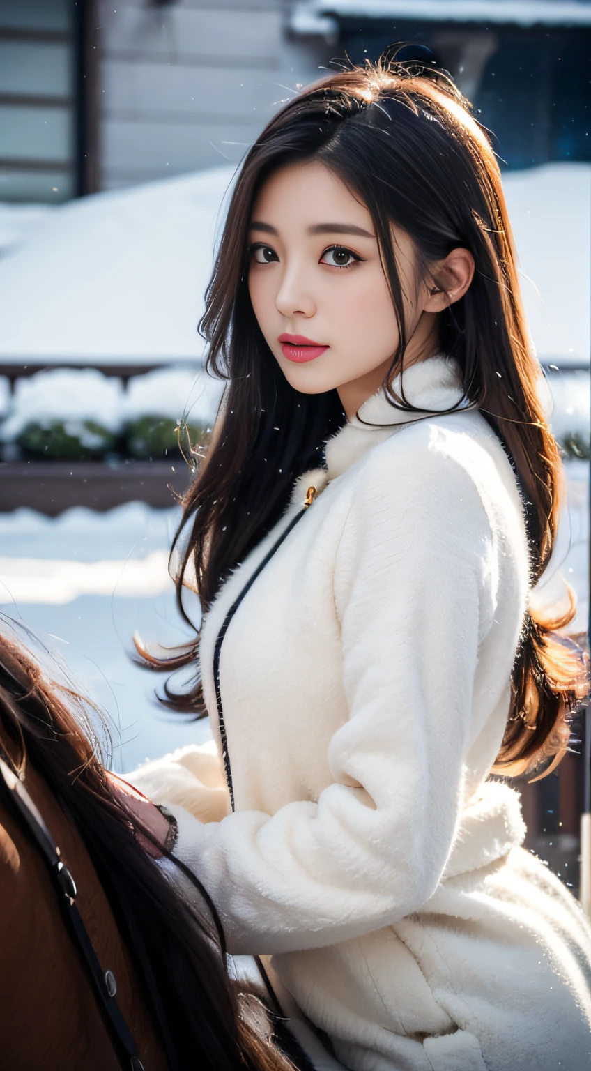(Beautiful fece、Young and beautiful 30 year old woman)、Outside、In the crystal and ice area、((Snow flutters while sparkling))、(((ride horse)))、White time、black and long curly hair、poneyTail、length hair、eye reflections、scornful、Ray traching、reflective light、bblurry、shining light、depth of fields、Chiaroscuro、stereograms、Zoom Layer、cowboy shot、F / 2.8、bokeh dof、masterpiece、top-quality、hightquality、hard disk、Winter costume