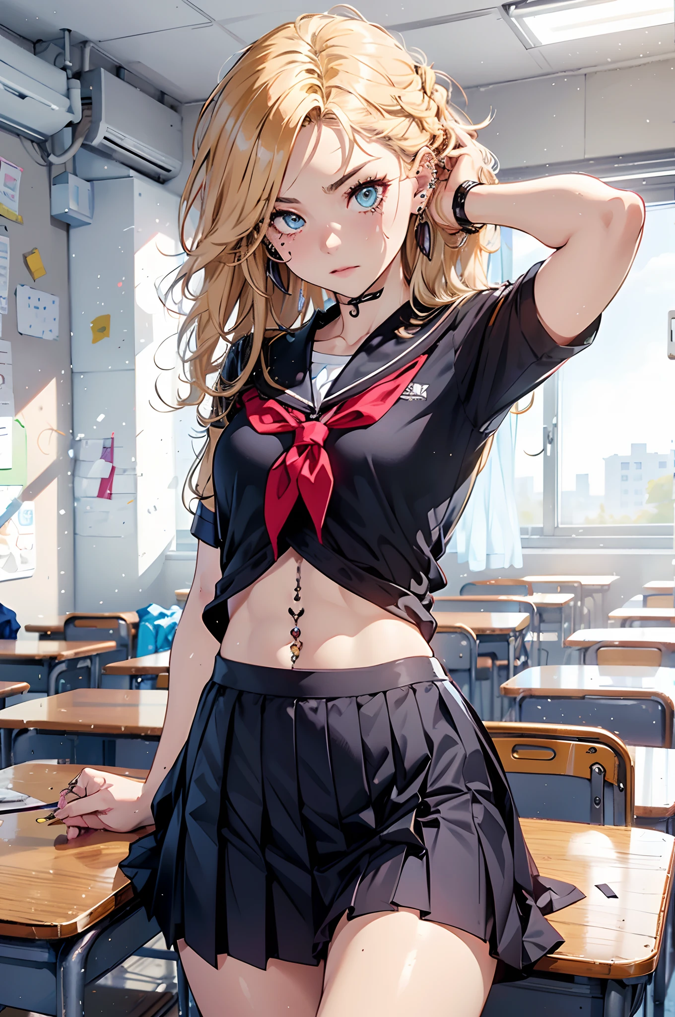 master piece,hyper quality, Hyper Detailed,Perfect drawing,NFSW,。.3D,8K Illustration、clearface、Hi-Res、1 persons、s girl、a blond、messy hair style、Raised corners of the eyes、Outrage、((glares))、Wrinkles between the eyebrows、(((body piercings)))、Piercing 、numerous piercings in the ears、(((student clothes)))、abdominals、(Beautiful muscles)、((Pleated skirt 20 cm above the knee))、Trim your hair with a comb、School、crass room、Detailed drawing、Perfect Photo