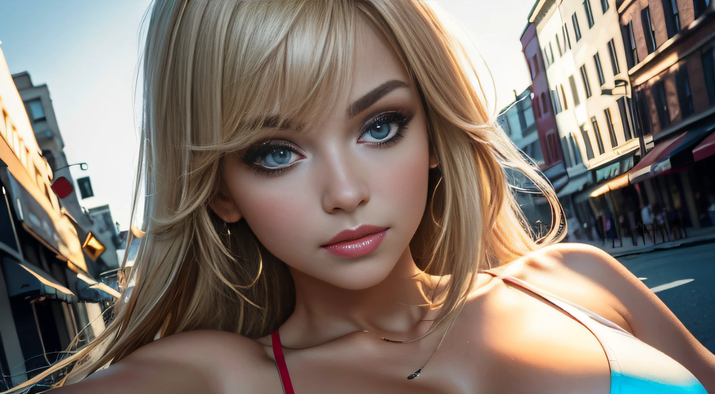 ((Best quality, 8k, Masterpiece, Sharp focus, 35mm lens, f/0.8, amazing beautiful perfect figure :1.4)), side lighting, ((natural medium breasts )), (white tank top:1.2), (street background:1.2),necklace, Highly detailed face and skin texture:1.2, Detailed black eyes:1.2, super detailed skin, shiny skin:1.2, Blushing , beautiful detailed makeup:1.2, high-fidelity bangs, brilliant light blonde long random hairstyle, from below, looking at viewer