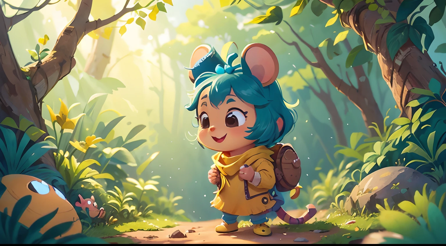 Pimpão is a charming little mouse, um sorriso encantador, Wearing a small yellow and blue colored scarf around her neck, com olhos brilhantes, explorando os campos verdes, transmitindo a alegria da descoberta.