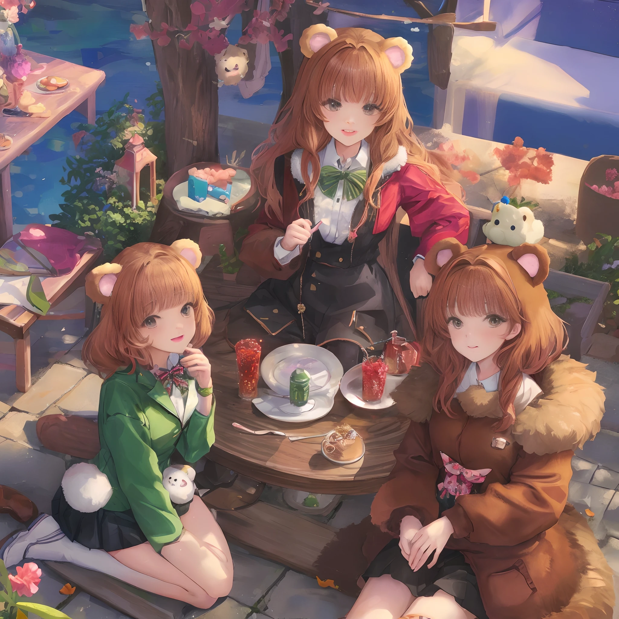 Tokimeki Memorial, Highly detailed bear costume:1.3, details bear clothes, triangular sitting,