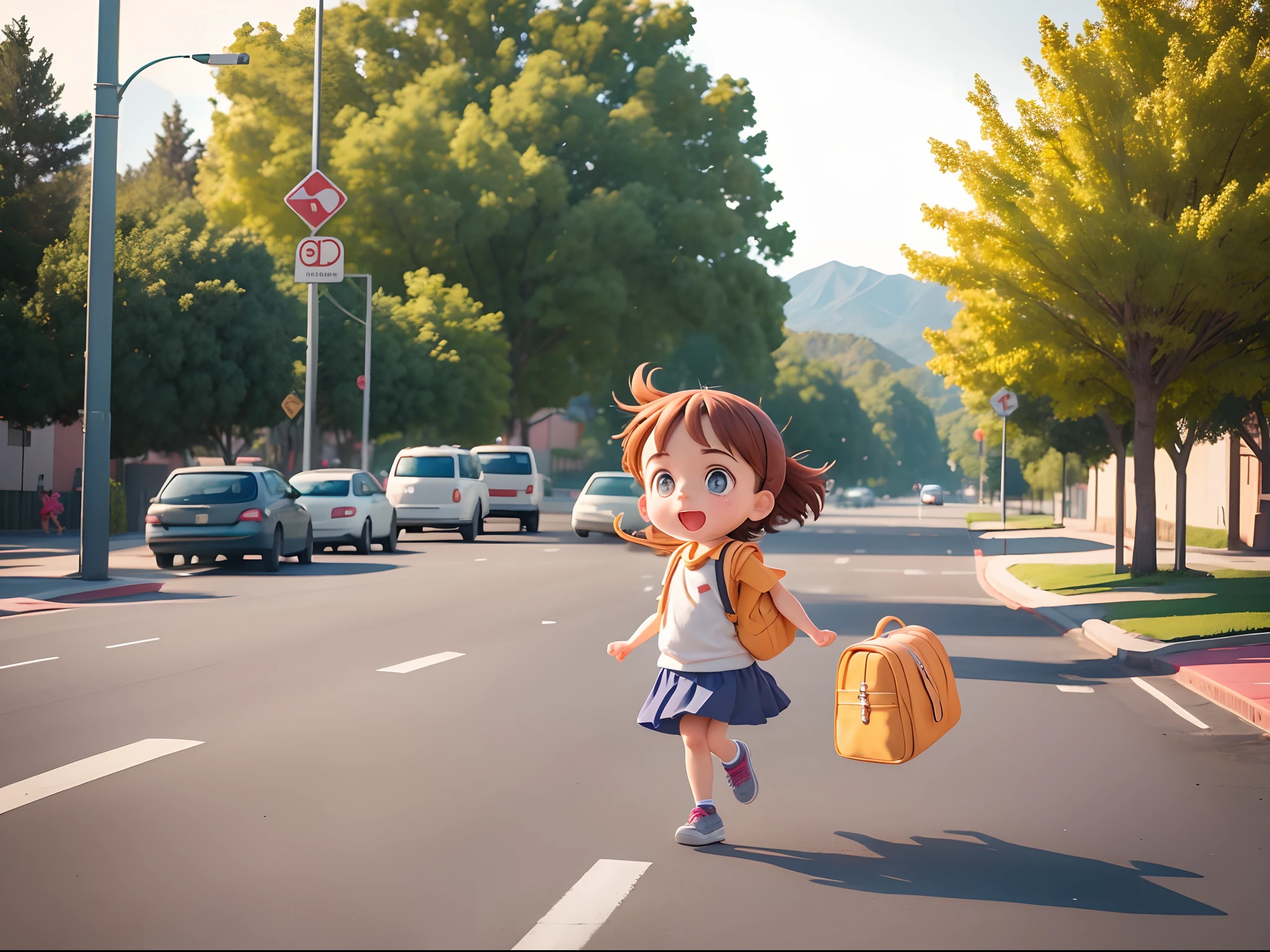 School is out,The cute one jumped on the road with his school bag,cartoony,Super clear,8k,Lots of details