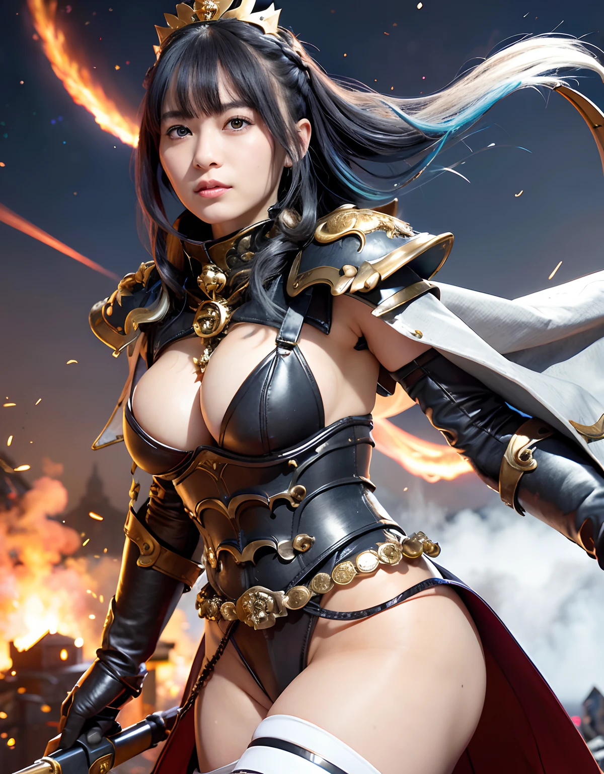 Professional , masterpiece、top-quality、photos realistic , 、top-quality、超A high resolution、(Photorealsitic:1.4)、Raw photo、depth of fields (Gemstone Gold Metal Body:1.9),(Matte White、Toostock、cleavage of the breast、(cleavage of the breast)、(Detailed Dragon Armor)、(Have the strongest weapon)、((Random Hairstyles 1.6),Dark Fantasy,)explosions、intense fighting、(Precipitous cliffs),Dragon Gold Weapon,Mystical expression、Particles of light、Fight dragons、(Detailed Dragon Helmet),Gorgeous Silver Weapons ,(( Dragon's dense and gorgeous sword)) , Beautiful knife ,warhammer 40k ,Detail and gorgeous crown、((Blue hair))、(Castle background)、、((Gangle's forest background))、Beautiful Caucasian beauty、1a person、dynamic ungle,((()))、Smaller head、A smile、Castle background、Thin and beautiful female hands、cleavage of the breast、Soldier in iron armor on background、Mystical expression、Light Effects、intense fighting、Wind-effect、magic circles、With the legendary magic wand、(demonic wings)、Toostock、