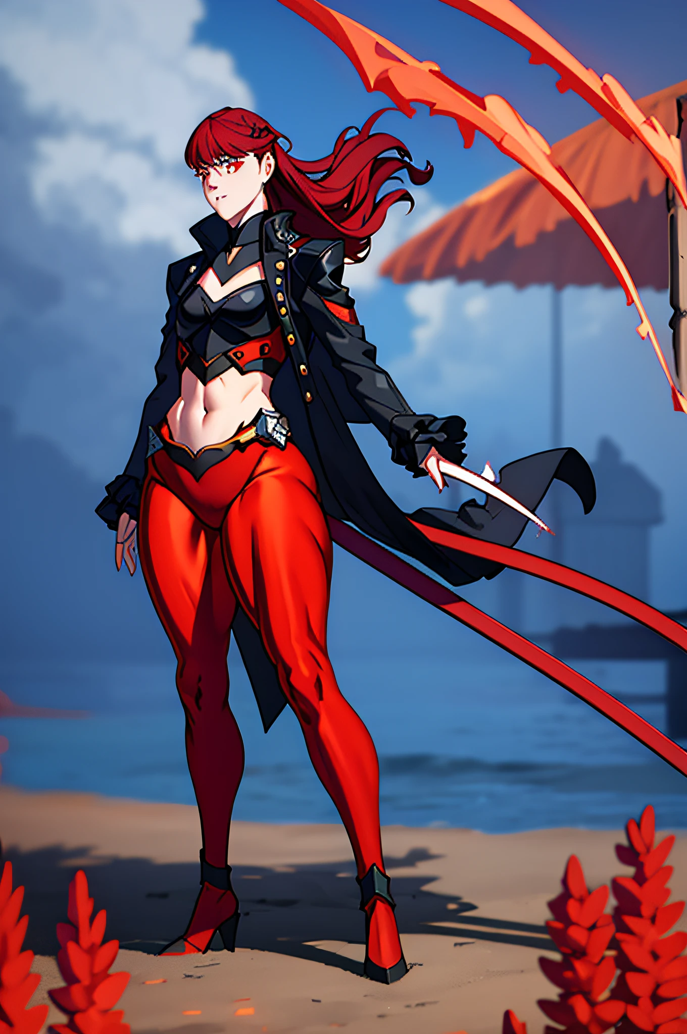 wearing black and red leggins, big ass, big legs, thick thighs, small waist, big hips, female, red hair, long hair, loose hair, yellow eyes, wearing black coat, use a katana, magical warrior, confident, (masterpiece:1.2, best quality), beautiful, a 23yo woman, fiery hair, fire goddess, (glowing red eyes), extremely detailed face, beautiful detailed eyes, defined jawline, (perfect anatomy), wearing red armor, midriff, textured skin, hot lighting, flames, embers, measures 70-40-95, beautiful figure, confidant, wearing black leggins, big legs, highly voluptuous thighs, wears a black coat, fire powers, fire hero, big ass, solo girl, thick legs, BEST QUALITY, full hd,