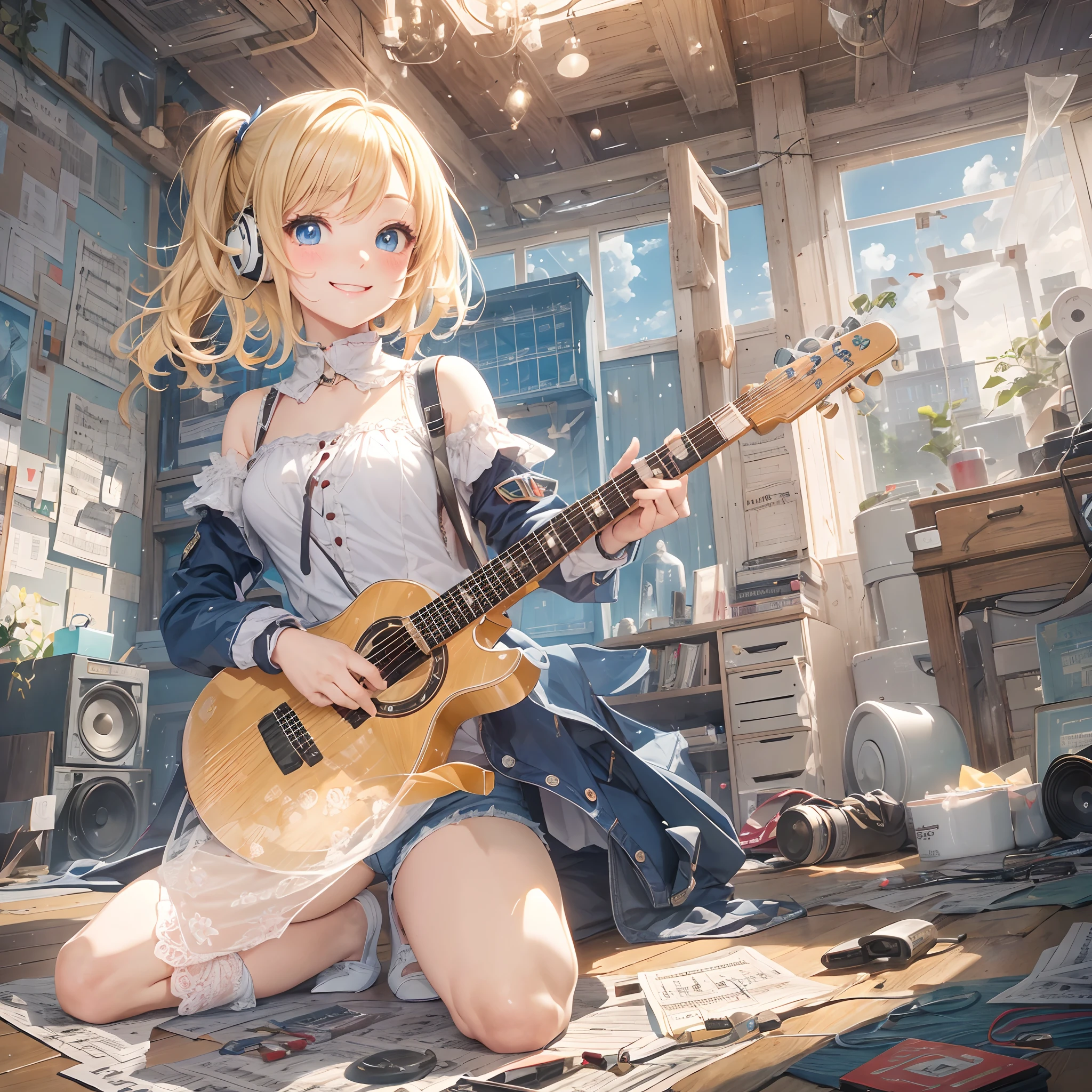 absurderes, (Solo 1.8),ultra-detailliert,bright colour, extremely beautiful detailed anime face and eyes, view straight on, ;D, shiny_skin,25 years old, Short hair, , asymmetrical bangs, (Blonde hair with short twin tails), Shiny hair, Put on headphones、Lots of audio equipment、Guitar、There is a large piano in the room、(There are many sheet music on the floor:1.3),delicate and beautiful face, red blush、(Deep Blue Eyes:1.2), White skin, hair clips, (bra very)、(Happy smile:1.4)、(Short denim pants:1.3)、Shiny hair、(Naughty smile)、(Bright sunshine)、(glint)、You can see the blue sky from the window、