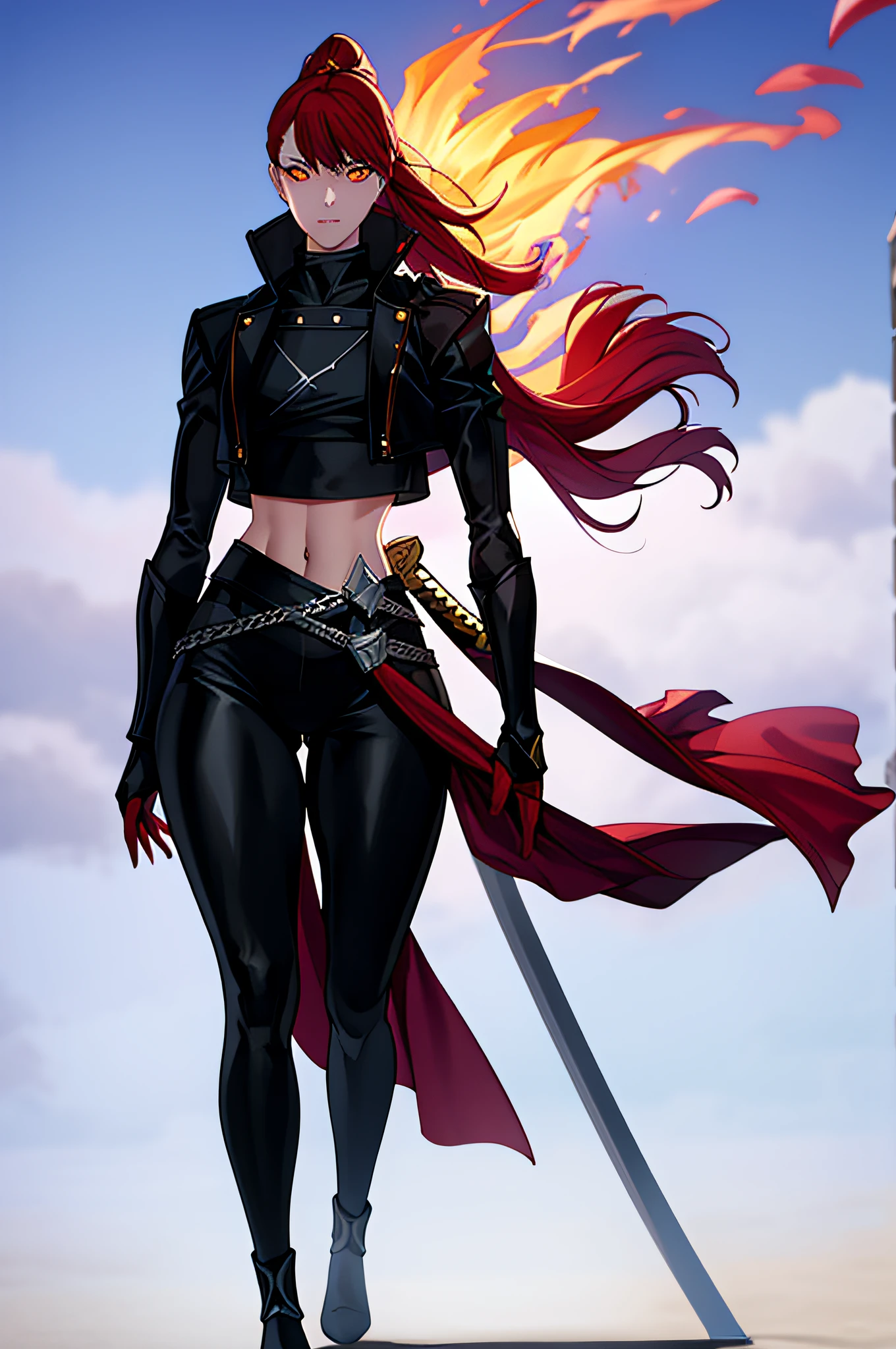 wearing black and red leggins, big ass, big legs, thick thighs, small waist, big hips, female, red hair, long hair, loose hair, yellow eyes, wearing black coat, use a katana, magical warrior, confident, (masterpiece:1.2, best quality), beautiful, a 23yo woman, fiery hair, fire goddess, (glowing red eyes), extremely detailed face, beautiful detailed eyes, defined jawline, (perfect anatomy), wearing red armor, midriff, textured skin, hot lighting, flames, embers, measures 70-40-95, beautiful figure, confidant, wearing black leggins, big legs, highly voluptuous thighs, wears a black coat, fire powers, fire hero, big ass, solo girl, thick legs, BEST QUALITY, full hd,