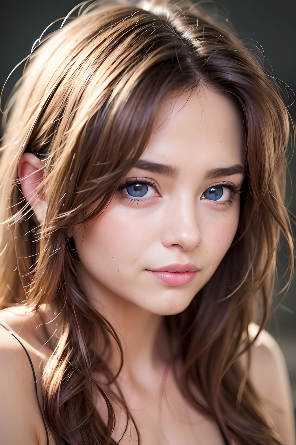 White woman, 35 years old, Brown hair, long hair, messy hair, simetric face, Green eyes, Nice body, awkward smile, shy, embarassed, hiding small breasts, shoulder out, leaning over the table, cleavage, overlapping t-shirt, loose t-shirt, camera from above, deep neckline. White man looking to the woman.