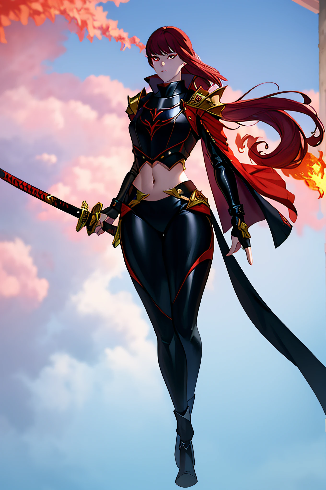 wearing black and red leggins, big ass, big legs, thick thighs, small waist, big hips, female, red hair, long hair, loose hair, yellow eyes, wearing black coat, use a katana, magical warrior, confident, (masterpiece:1.2, best quality), beautiful, a 23yo woman, fiery hair, fire goddess, (glowing red eyes), extremely detailed face, beautiful detailed eyes, defined jawline, (perfect anatomy), wearing red armor, midriff, textured skin, hot lighting, flames, embers, measures 70-40-95, beautiful figure, confidant, wearing black leggins, big legs, highly voluptuous thighs, wears a black coat, fire powers, fire hero, big ass, solo girl, thick legs, BEST QUALITY, full hd,