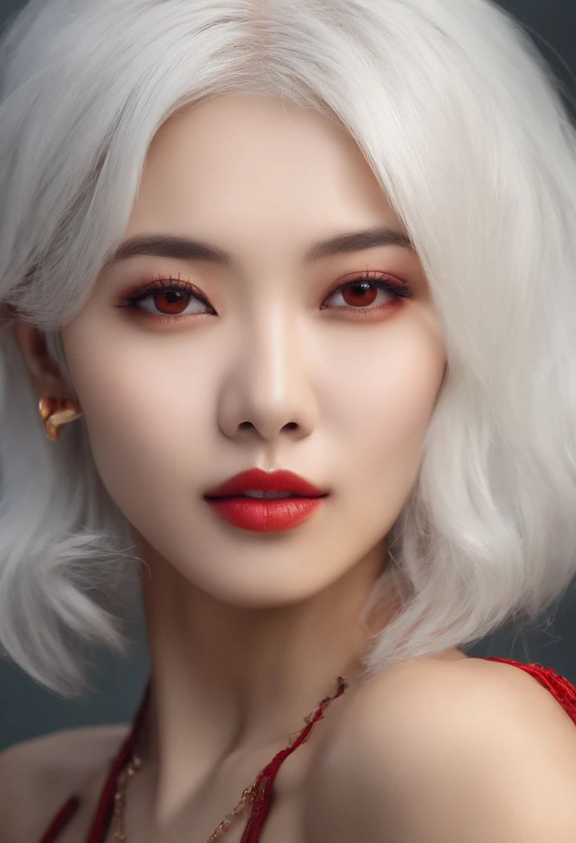 white hair,short cut hair,Red Eyes,Bikini small face,Asian Woman,full bodyesbian