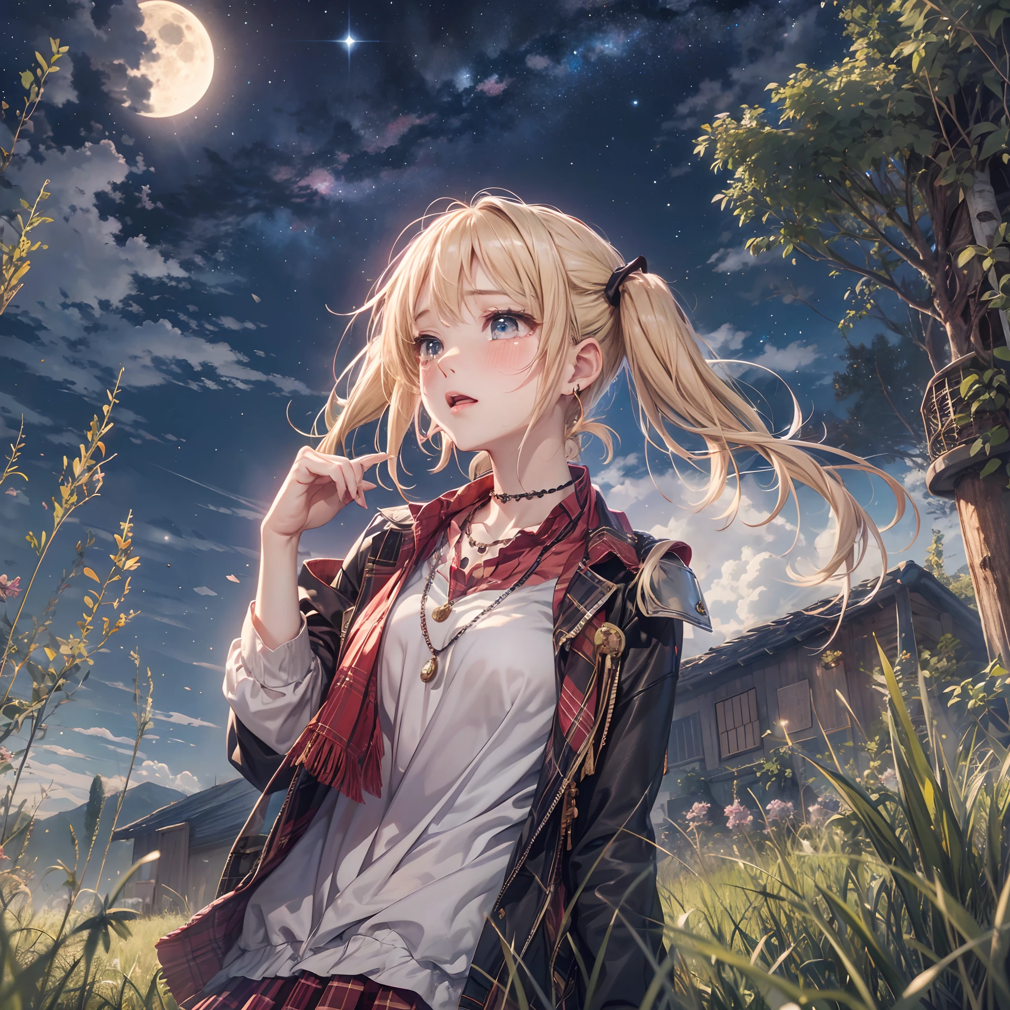 absurderes, ultra-detailliert,bright colour, extremely beautiful detailed anime face and eyes,D, shiny_skin,25 years old,1womanl、独奏、25-years old、(From Side:1.3)、(Looking Up:1.3)、blazers、plaid skirts、(crying how bright:)、(red blush)、(Blonde short hair:1.3)、(low twintails:1.4)、Shiny hair、Valley、Colossal tits、Aimei、small earring、Small necklace、The starry sky is dancing、grass field、mont、Looking up at the moon