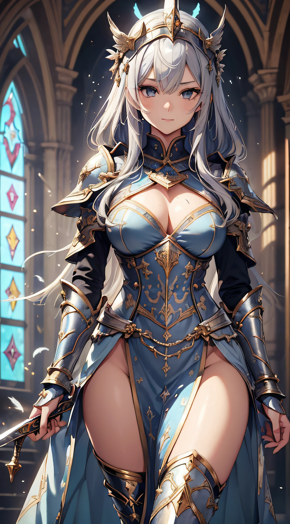 (Official art、Best Quality、Unity 8k Wallpapers、32K、masterpiece、ultra-detailliert、超A high resolution、realisitic、Photorealsitic:1.2)、(Cinematic lighting:1.2)、Fireglow effect、film grains、Best Shadows、Rim lighting、side lights、sideshot、(Ultra-detailed and complex 3D rendering)、Detailed beautiful face and eyes、Sharp pupils、Realistic pupils、A slender、1Man Woman、Medium bust、(Full body:1.2)、 beauitful face、16-year-old beautiful girl、(super detailed skin、detailed skin textures:1.3)、(silver blond、Blue-silver hair:1.3)、Paladin、Longhaire、Blunt bangs、Gray eyes、3 braids in 1 bunch、(Blue Armor、Blue Boots、Blue helmet、Jeweled、Gold embroidery)、A slender、Maxi skirt、(thighs thighs thighs thighs:0.8)、(chies、in a house、Artistic stained glass、Large pipe organ、crosses、Hello Point、Mystical、many feathers floating、Particles of light、solemnity、Sunlight is、colourfull、Fantastical:1.2)、(Fantastical:1.3)、(Carrying the Holy Sword:1.4)、(Looking away、looking distantly:1.3)、Fantastical、Gentle smile、I opened my mouth a little、