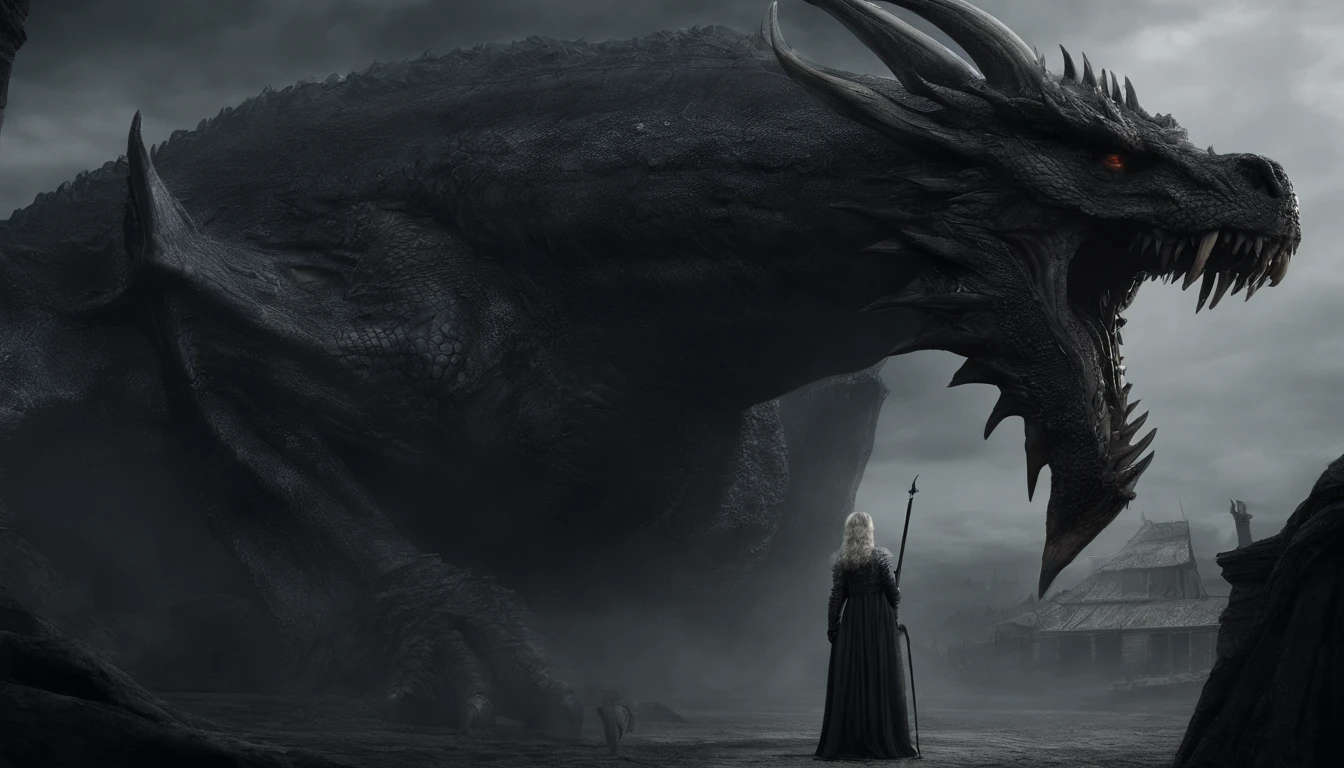 There's a woman dressed in revealing armor standing with a giant dragon behind her, dragon in the background, ultra detailed, photorealistic, masterpiece.
