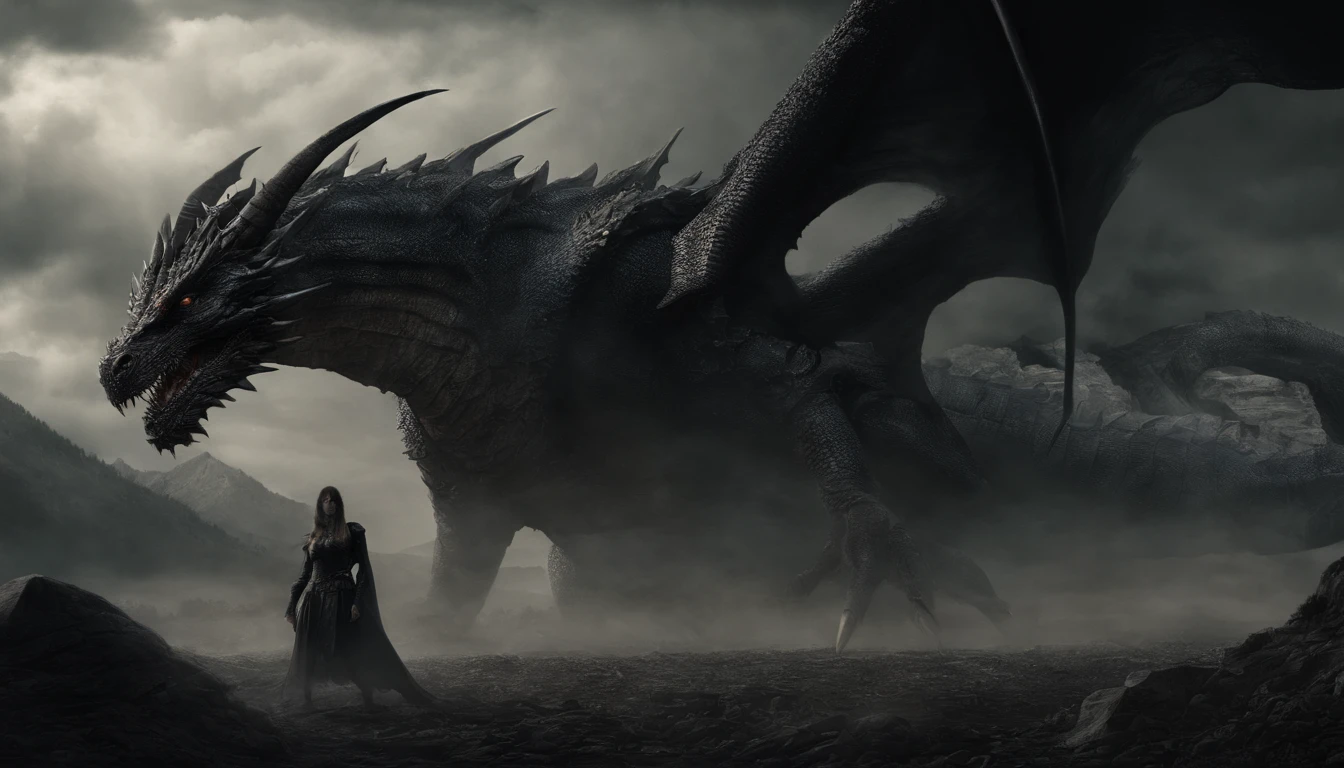 There's a woman dressed in revealing armor standing with a giant dragon behind her, dragon in the background, ultra detailed, photorealistic, masterpiece.