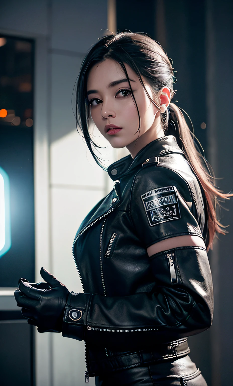 hyper realistic, lifelike texture, dramatic lighting, (best quality:1.1), depth of field, nighttime, in a futuristic cyberpunk city, HDR, shallow depth of field, broad light, high contrast, backlighting, bloom, light sparkles, chromatic aberration, sharp focus, futuristic clothing, leather jacket, beauty512, lnchuu,