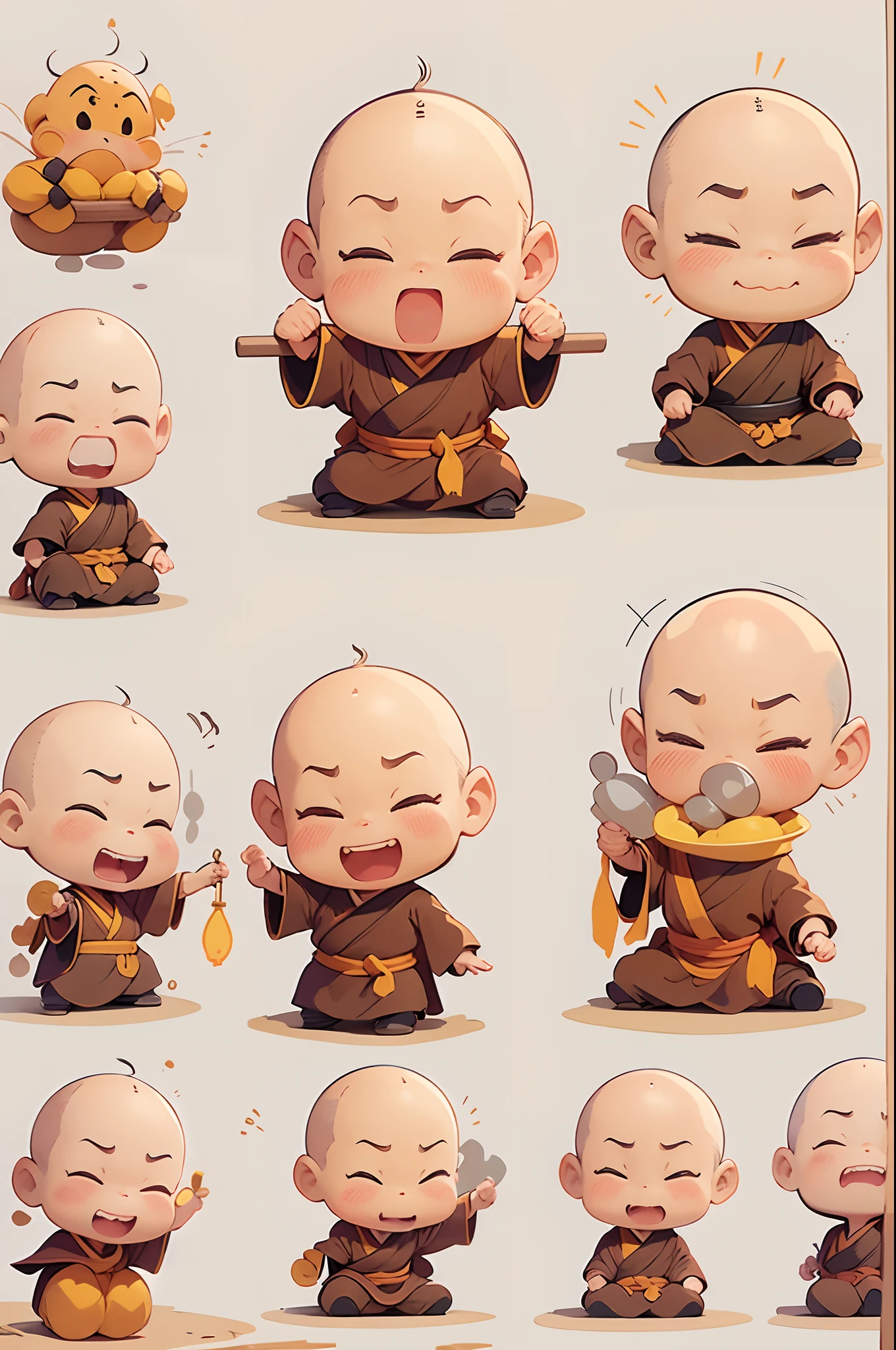 Cute  monk、（（（Bald head strengthening））），Monk's robe，emoj、Disney  style、Black strokes、differentemotions、Multiple locations and emojis、8K，Vector graphics