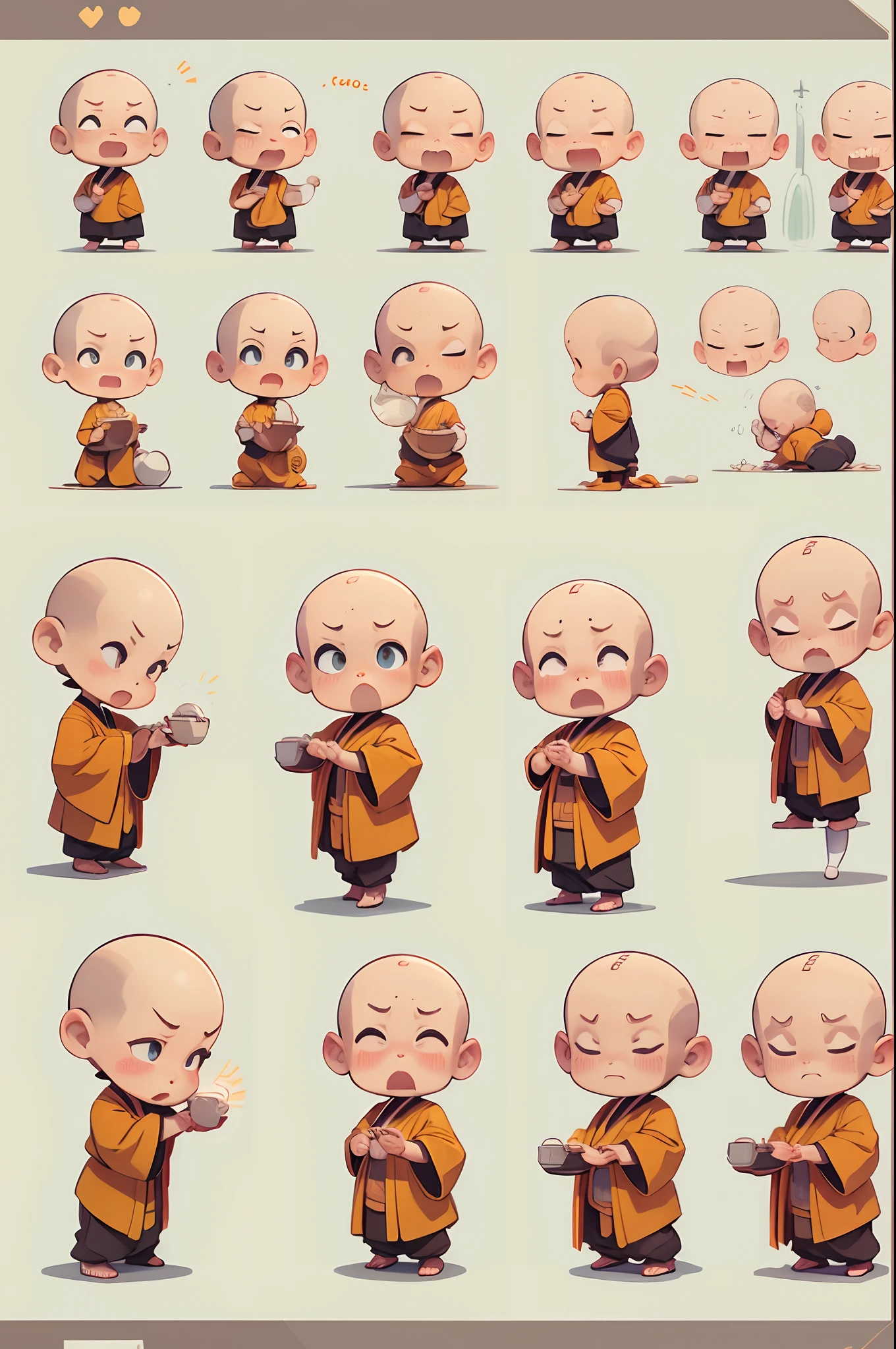 Cute monk、(((Bald head strengthening))),Monk's robe,emoj、Disney style、Black strokes、differentemotions、Multiple locations and emojis、8K,Vector graphics
