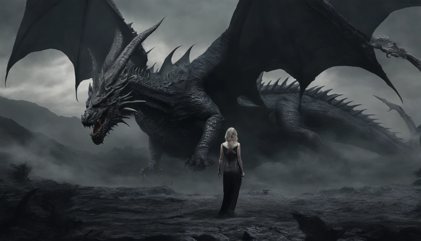 There's a woman dressed in revealing armor (leotard) standing with a giant dragon behind her, the woman is the main subject, dragon in the background, ultra detailed, photorealistic, masterpiece.