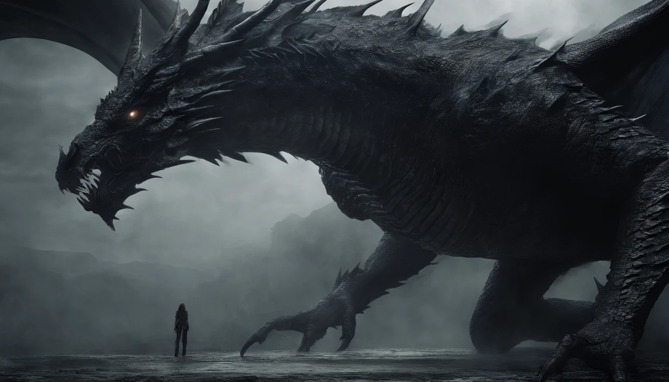 Man with long red hair and black wings, holding the mouth of a big monster with his hands