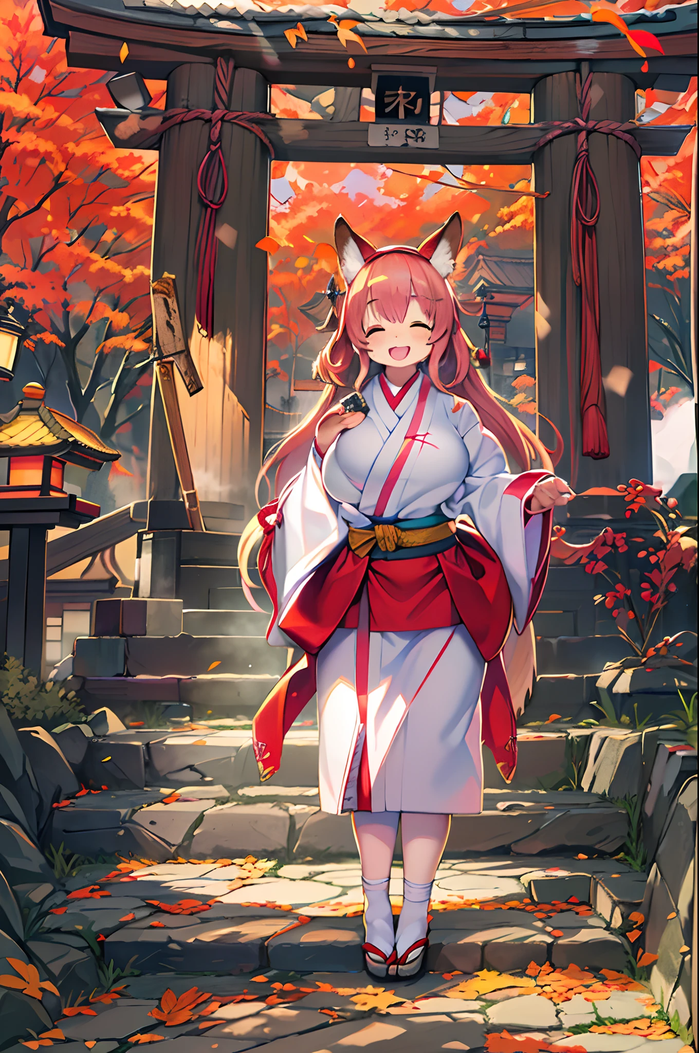 Fox Woman、body covered with fur、huge-breasted、kawaii、shrine maiden、Japan white clothes,Red Hakama、torii gate,((Oblique angle))、close-up、one eye closed、winking、A big smile、bbw、thick thight、big butts、Ultramammy,Chibi,Nanachi, autumn day,kaede、 Pines, Anime Background Art, japanese art style, beautiful anime scene, detailed scenery - width 672, Background art, Anime landscapes, Anime Background, Beautiful anime scenery, Beautiful peace scenes in anime, landscape artwork, Japan Village, Anime landscape concept art, 8K))、a lot of fallen leaves、Water twinkle、Springs in the mountains、Main shrine、Chii