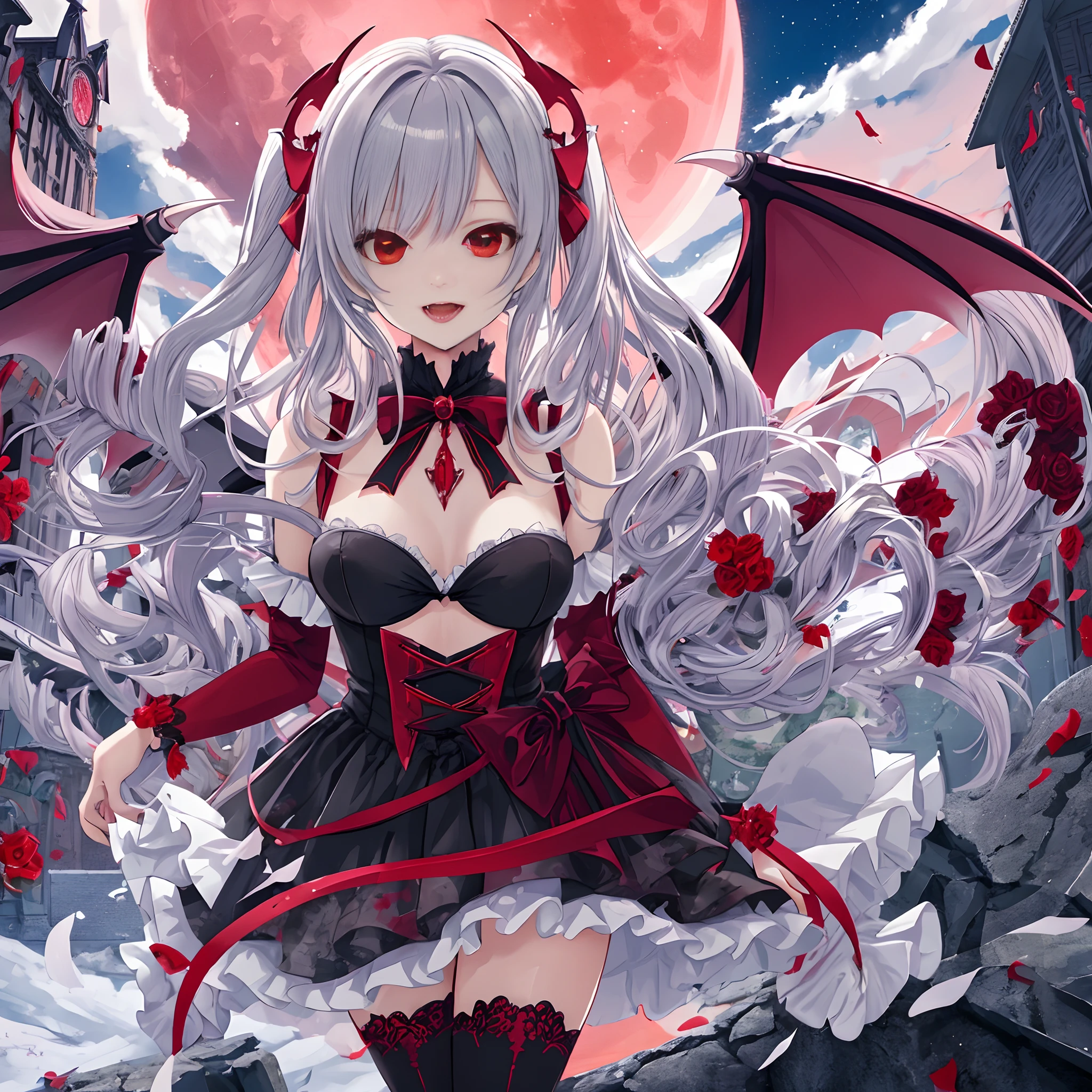 Tokimeki Memorial, highly detailed vampire fangs, vampire woman, detailed red moon night, break, big bat wings, roof of the building, silver hair,