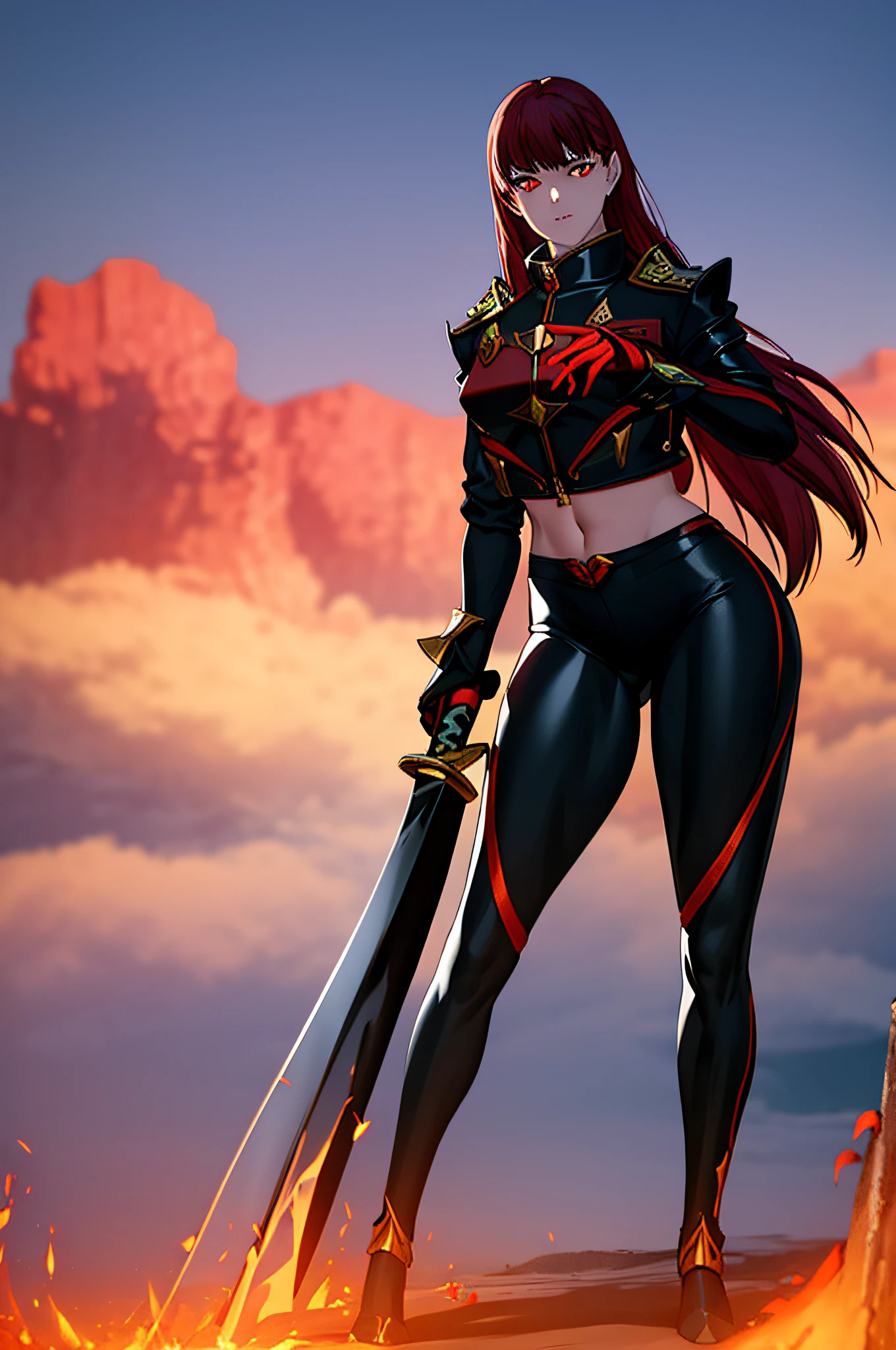 wearing black and red leggins, big ass, big legs, thick thighs, small waist, big hips, female, red hair, long hair, loose hair, yellow eyes, wearing black coat, use a katana, magical warrior, confident, (masterpiece:1.2, best quality), beautiful, a 23yo woman, fiery hair, fire goddess, (glowing red eyes), extremely detailed face, beautiful detailed eyes, defined jawline, (perfect anatomy), wearing red armor, midriff, textured skin, hot lighting, flames, embers, measures 70-40-95, beautiful figure, confidant, wearing black leggins, big legs, highly voluptuous thighs, wears a black coat, fire powers, fire hero, big ass, solo girl, thick legs, BEST QUALITY, full hd,