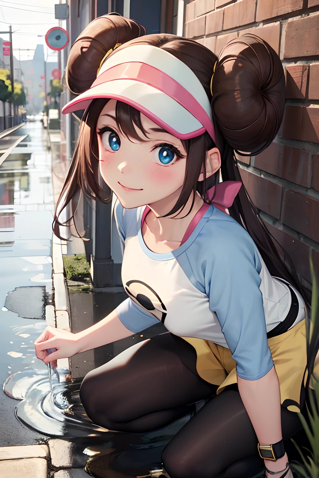 masutepiece, Sharp Focus, Realistic, ultra-detailliert, Beautiful Girl, (side lights:1.2), Smile, RO1, Hair bun, Blue eyes, Twin-tailed, Visor Cap, pantyhose, raglan sleeves, Yellow shorts, Shirt, pink bows, wrist watch, Full body, blush, Looking at Viewer、Puddle in the background