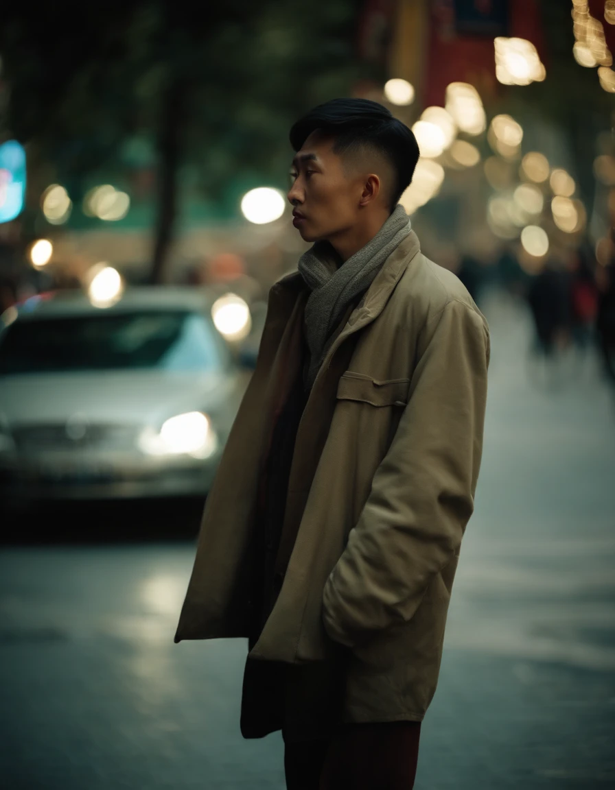 Listless young people on the streets of China's metropolis，emaciated，Walk the streets listlessly，Clothes are shabby，Many pedestrians on the street were watching him。。，high detal，high high quality