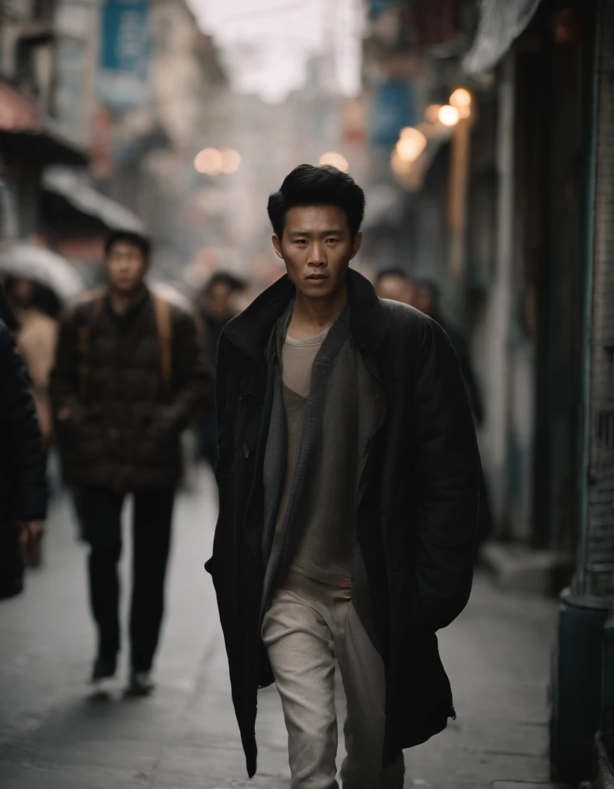 Listless young people on the streets of China's metropolis,emaciated,Walk the streets listlessly,Clothes are shabby,Many pedestrians on the street were watching him。。,high detal,high high quality