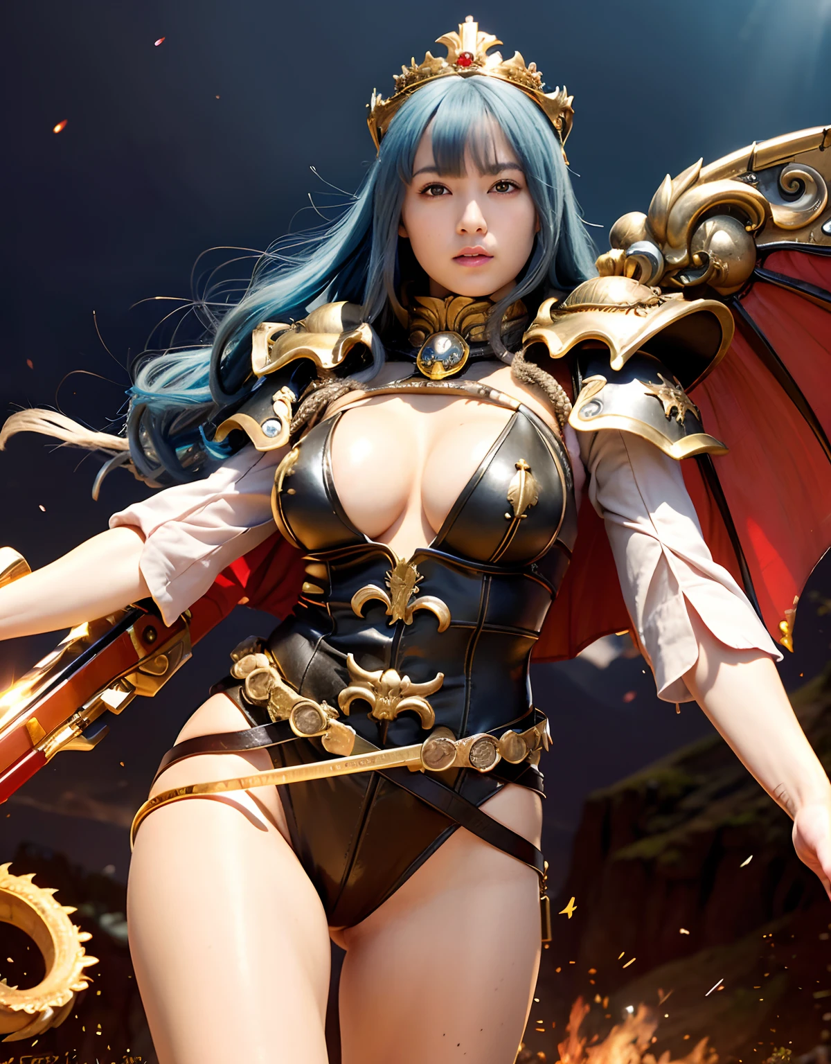 Professional , masterpiece、top-quality、photos realistic , 、top-quality、超A high resolution、(Photorealsitic:1.4)、Raw photo、depth of fields (Gemstone Gold Metal Body:1.9),(Matte White、Toostock、cleavage of the breast、(cleavage of the breast)、(Detailed Dragon Armor)、(Have the strongest weapon)、((Random Hairstyles 1.6),Dark Fantasy,)explosions、intense fighting、(Precipitous cliffs),Dragon Gold Weapon,Mystical expression、Particles of light、Fight dragons、(Detailed Dragon Helmet),Gorgeous Silver Weapons ,(( Dragon's dense and gorgeous sword)) , Beautiful knife ,warhammer 40k ,Detail and gorgeous crown、((Blue hair))、(Castle background)、、((Gangle's forest background))、Beautiful Caucasian beauty、1a person、dynamic ungle,((()))、Smaller head、A smile、Castle background、Thin and beautiful female hands、cleavage of the breast、Soldier in iron armor on background、Mystical expression、Light Effects、intense fighting、Wind-effect、magic circles、With the legendary magic wand、(demonic wings)、Toostock、
