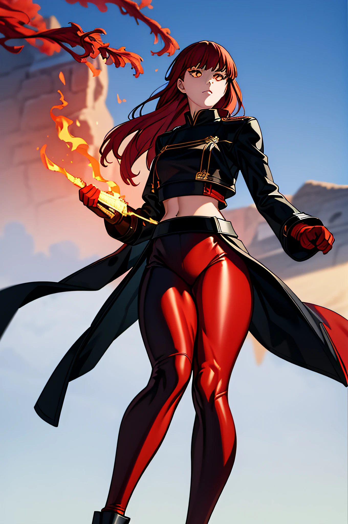 wearing black and red leggins, big ass, big legs, thick thighs, small waist, big hips, female, red hair, long hair, loose hair, yellow eyes, wearing black coat, use a katana, magical warrior, confident, (masterpiece:1.2, best quality), beautiful, a 23yo woman, fiery hair, fire goddess, (glowing red eyes), extremely detailed face, beautiful detailed eyes, defined jawline, (perfect anatomy), wearing red armor, midriff, textured skin, hot lighting, flames, embers, measures 70-40-95, beautiful figure, confidant, wearing black leggins, big legs, highly voluptuous thighs, wears a black coat, fire powers, fire hero, big ass, solo girl, thick legs, BEST QUALITY, full hd,