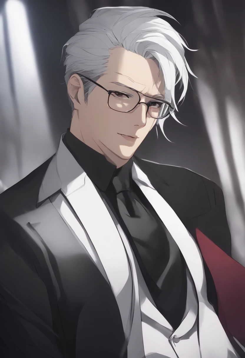 decimal (Death Parade), 1 man, 35yo,(Black bristles), Man wearing glasses, close-up face, Profile picture,Formal and restrained attire, black black jacket,White shirt, Professional look,White gray hair, Silver color, Tired look,