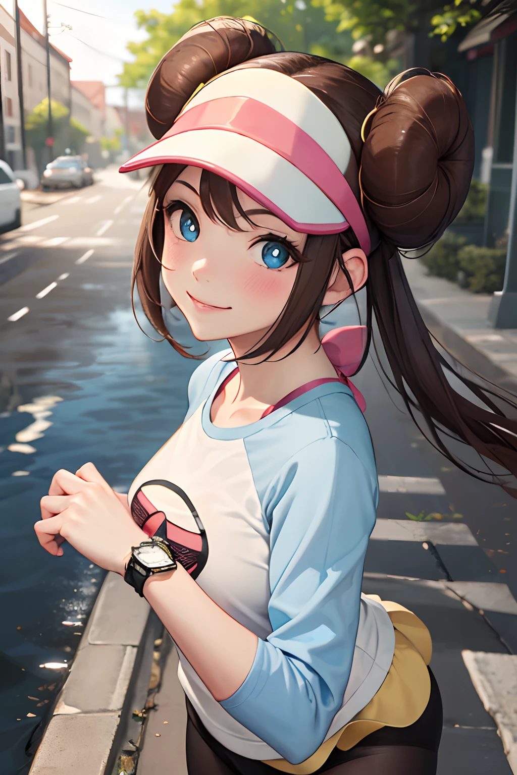 masutepiece, Sharp Focus, Realistic, ultra-detailliert, Beautiful Girl, (side lights:1.2), Smile, RO1, Hair bun, Blue eyes, Twin-tailed, Visor Cap, pantyhose, raglan sleeves, Yellow shorts, Shirt, pink bows, wrist watch, Full body, blush, Looking at Viewer、Puddle in the background
