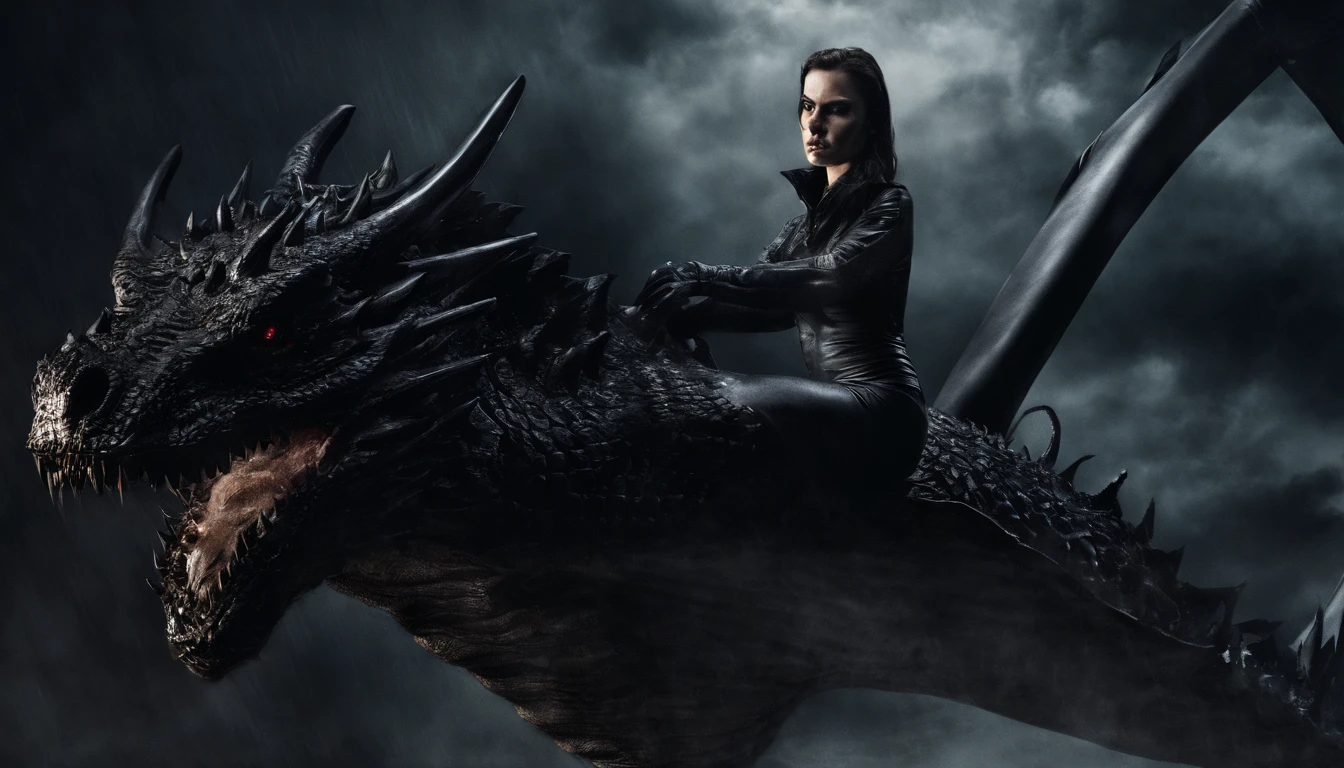 Close up of a woman dressed in latex leotard riding on a dragon, ultra detailed, photorealistic, masterpiece.