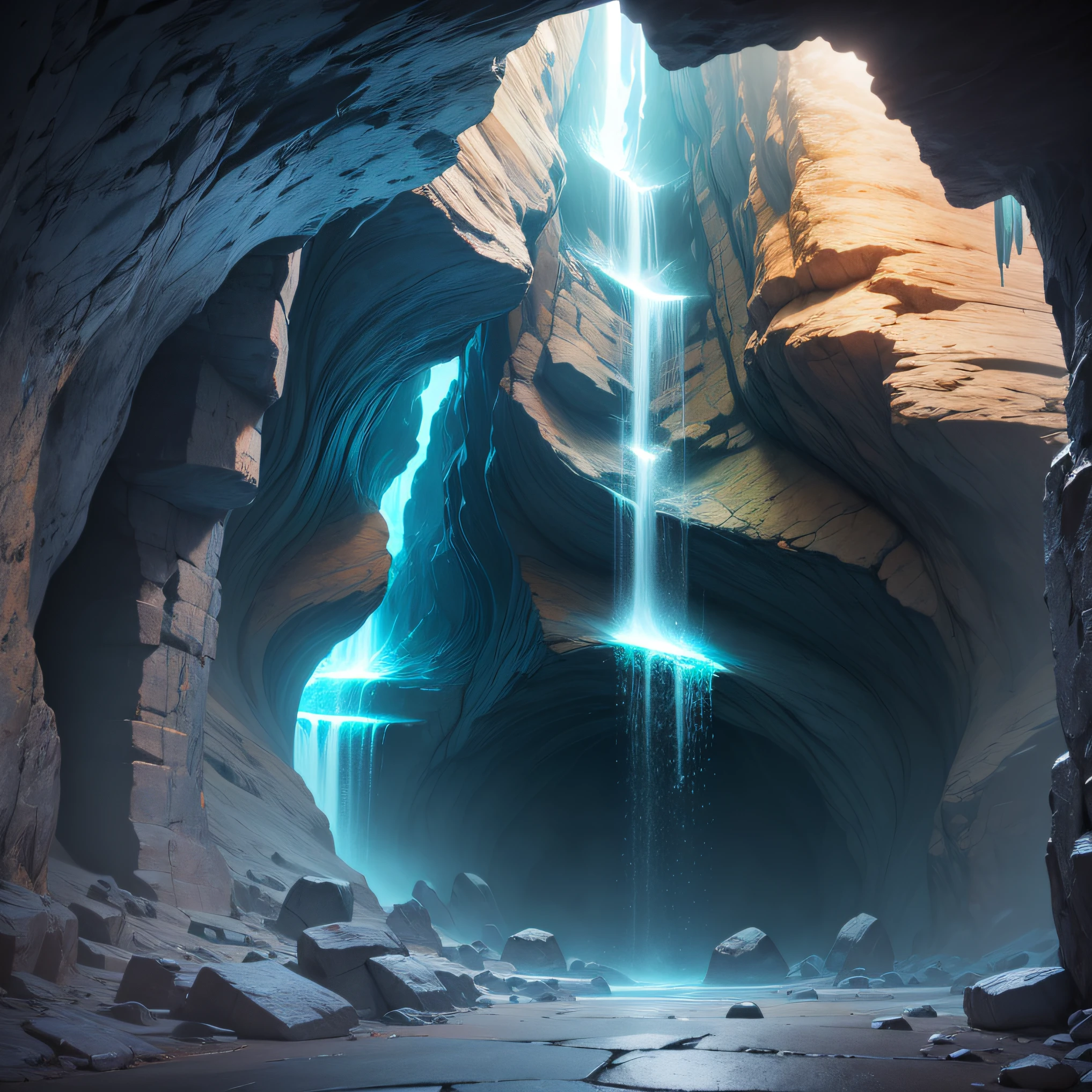 Very good 8KCG wallpapers, very fine 8K CG wallpaper, Natural caves, Blue Light, dark lighting, Stone floor, rock formations, dim lights, Weak lighting, Hidden