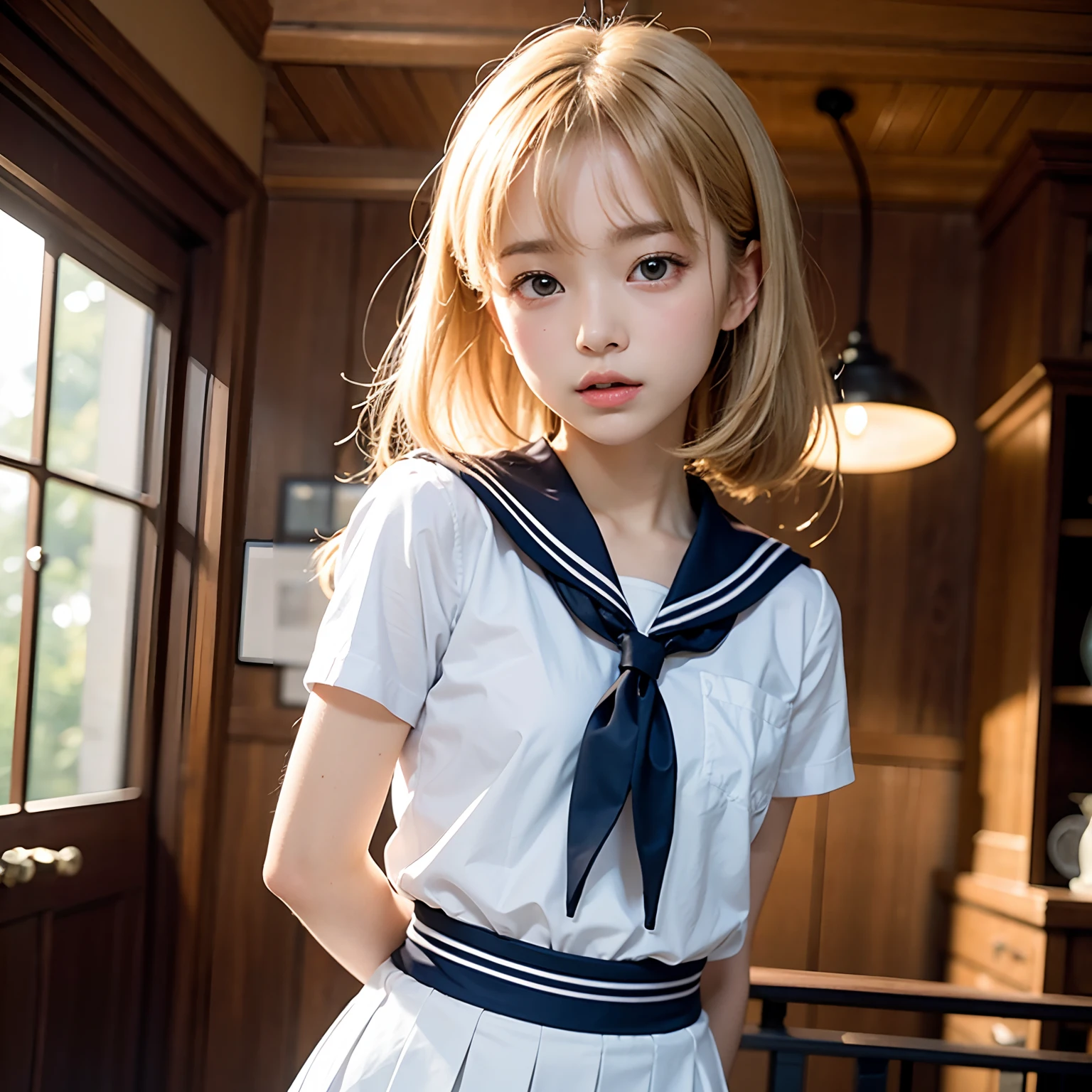 (masutepiece, Best Quality:1.2), 8K, Official art, Raw photo,Angle from directly below、Taken from directly below、Jumping、White panties 、Full Bord Bill Four、cute butt、Cute little girl s、Skirt flutters、skinny、14years、unbelievable Ridiculous, (Upper body, 校服、No sailor suit:1.4), Beautiful Girl, Pretty Face, arching back down,、a blond、Natural jumps、Sailor Suit, Short sleeve, violaceaess, Teen, Looking at Viewer, Film grain, chromatic abberation, Sharp Focus, face lights, Dynamic lighting, Cinematic lighting, Eyes and faces with detailed, Bokeh background,