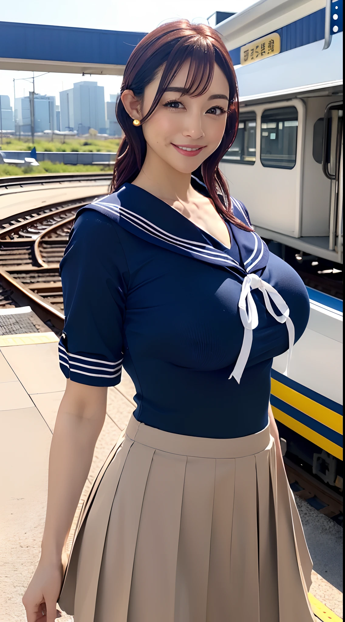 (8K、超A high resolution、The ultra -The high-definition、An ultra-high picture quality、Ultrarealistic、Best Quality、masuter piece)(quite massive chest、rather large breasts、Always hide all breasts:1.38)((a sailor suit、Navy Pleated Lo Mini Skirt)、quite massive chest、rather large breasts、toned body:1.5)(adult lady、Black hair short bob、lowfers:1.15)Super cute、Cute smile(Walk on the station platform:1.18)