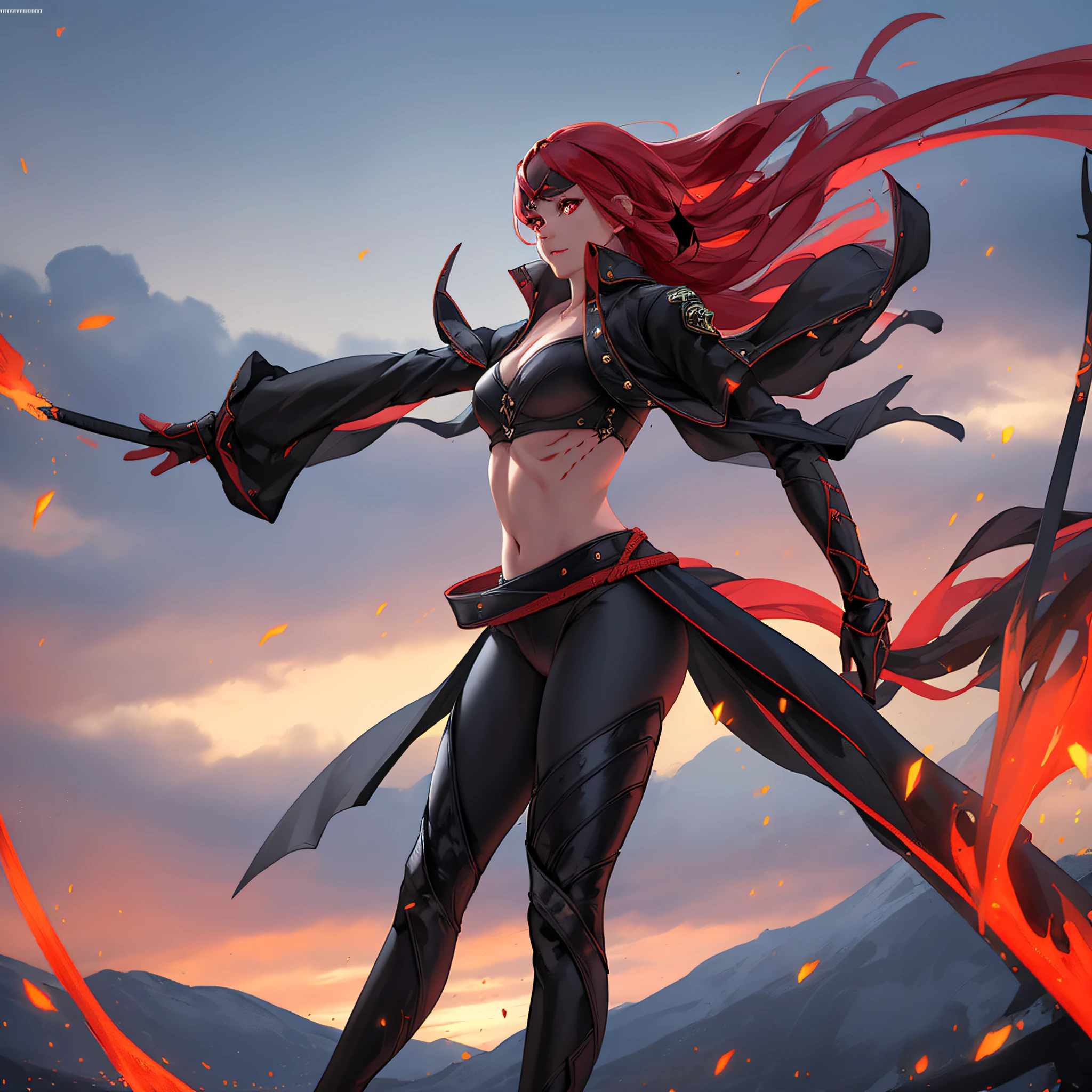 solo girl, wearing black and red leggins, big ass, big legs, thick thighs, small waist, big hips, female, red hair, long hair, loose hair, yellow eyes, wearing black coat, use a katana, magical warrior, confident, (masterpiece:1.2, best quality), beautiful, a 23yo woman, fiery hair, fire goddess, (glowing red eyes), extremely detailed face, beautiful detailed eyes, defined jawline, (perfect anatomy), wearing red armor, midriff, textured skin, hot lighting, flames, embers, measures 70-40-95, beautiful figure, confidant, wearing black leggins, big legs, highly voluptuous thighs, wears a black coat, fire powers, fire hero, big ass, solo girl, thick legs, BEST QUALITY, full hd,