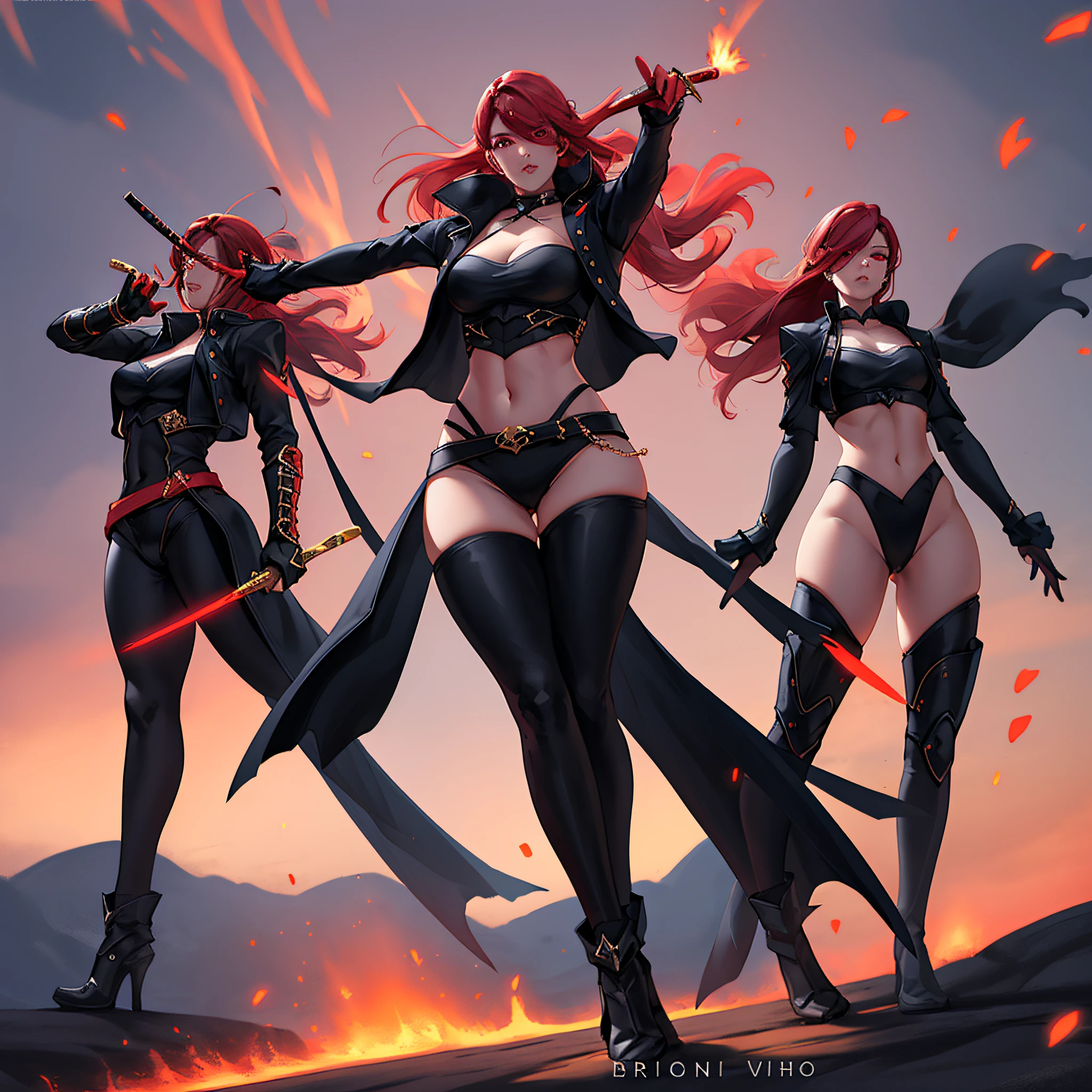 wearing black and red leggins, big ass, big legs, thick thighs, small waist, big hips, female, red hair, long hair, loose hair, yellow eyes, wearing black coat, use a katana, magical warrior, confident, (masterpiece:1.2, best quality), beautiful, a 23yo woman, fiery hair, fire goddess, (glowing red eyes), extremely detailed face, beautiful detailed eyes, defined jawline, (perfect anatomy), wearing red armor, midriff, textured skin, hot lighting, flames, embers, measures 70-40-95, beautiful figure, confidant, wearing black leggins, big legs, highly voluptuous thighs, wears a black coat, fire powers, fire hero, big ass, solo girl, thick legs, BEST QUALITY, full hd,