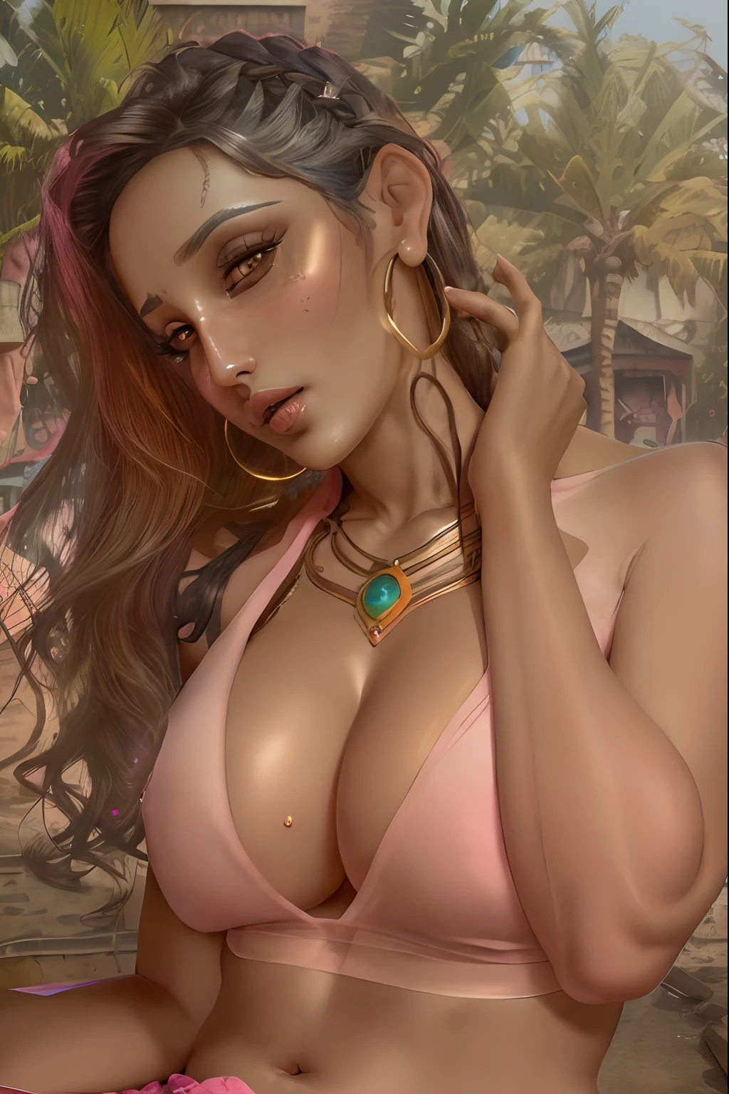 Beautiful indian woman nora fatehi, portrait, bra and skirt, detailed face, cute, big eyes, iconic, photorealistic, slum alley, detailed background, big chest, big belly, braid hair, semi body, symmetric face, masterpiece, 8k, ultra realistic pink nipple