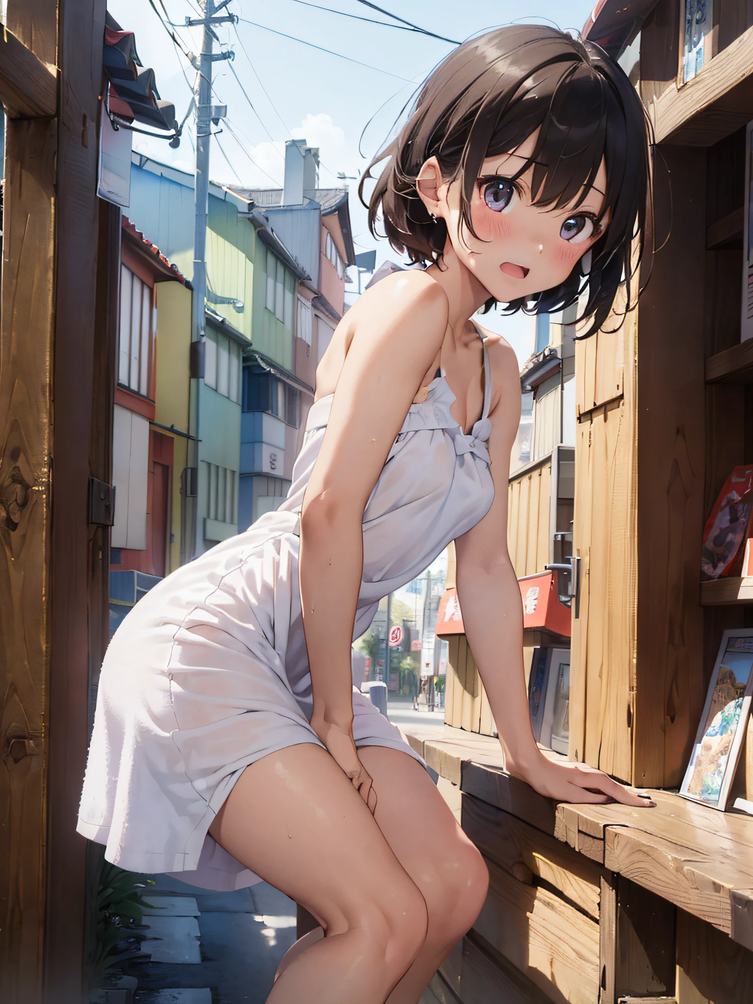 Highest quality , High resolution , Detailed CG , high school girl , short hair , Floral dress , Modest chest , Black Hair , Two limbs , Optimal ratio , Embarrassed expression , Burning cheeks , In town , Narrow alley at night , Dirty dark back alley , Nipples are visible , touching one&#39;s own breasts with one&#39;s own hands , facial expression during orgasm , Hide behind a utility pole