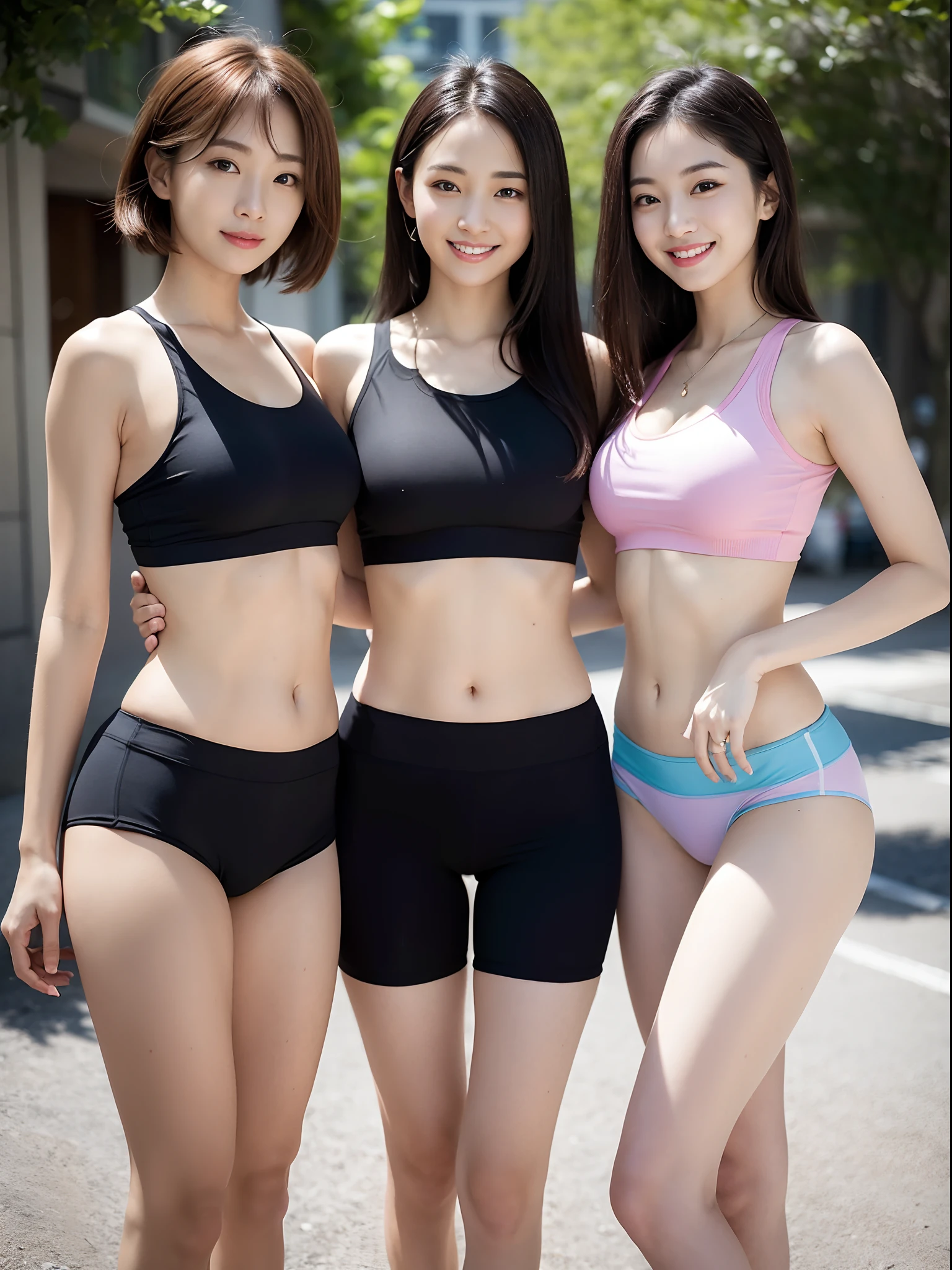 (Photorealsitic)Beautuful Women, (8K beauty full body portrait), （Three people stood, happy laughing，Perfect facial detail, Attractive beautiful face, 二重まぶた, Beautiful detailed eyes, long eyelasher）, (Smile: 1.15), ligh brown hair, short  cut, toyko, young 17 years old,3 women, huge tit, toned waist, Beautiful thin legs, Yoga sportswear，Yoga sports shorts，Long legs，delicate finger。
