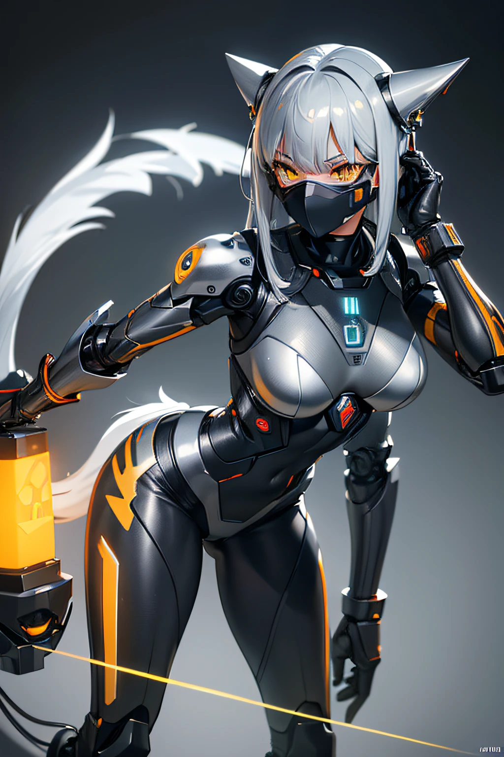 (best quality,4k,8k,highres,masterpiece:1.2),ultra-detailed,(realistic,photorealistic,photo-realistic:1.37),grey robot,grey metallic robot,cyborg,android,mechanical being,steel creature, with orange metallic mask,orange faceplate,orange mask,protective mask, with yellow flashing eyes,luminous glowing eyes,bright yellow eyes, with a tail,metal tail,cybernetic tail,silver tail.