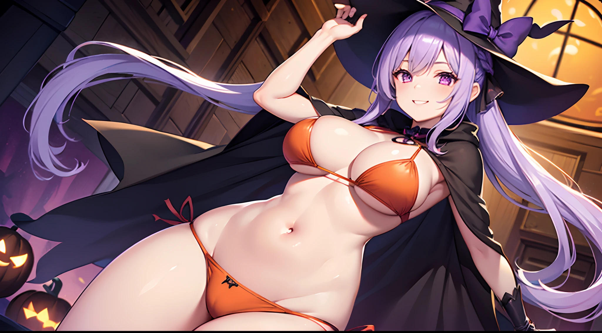 1 girl, game CG, 1 girl, game CG, orange bikini, black witch hat, cloak, hair ribbon, gigantic breasts, light purple hair, long hair, french braid, purple eyes, smile, one arm raised, night , indoors, halloween background,
